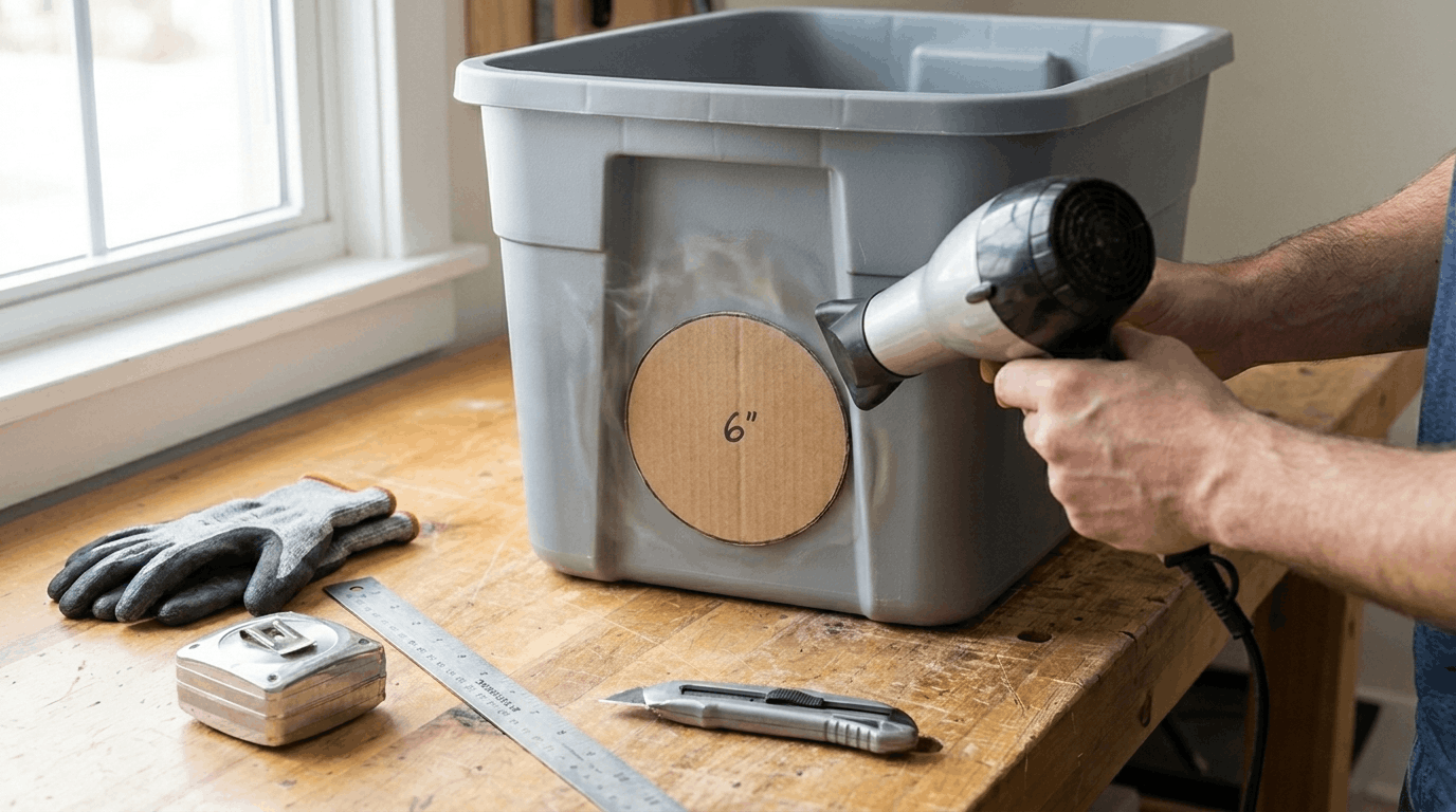 Using a hair dryer to soften plastic tote before cutting entrance hole for outdoor cat shelter construction.