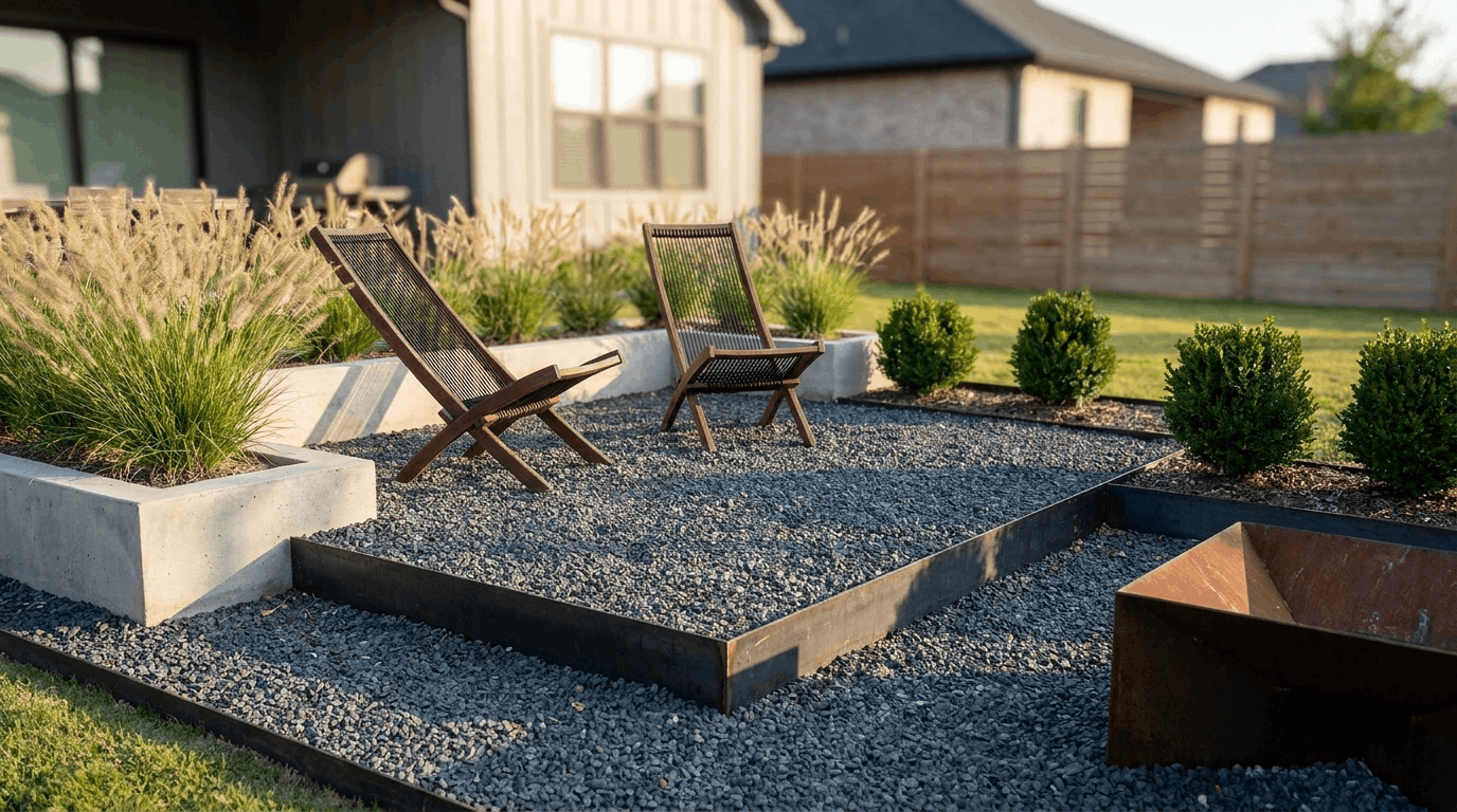 Modern gravel patio with steel edging creating clean geometric lines and structured contemporary backyard design.