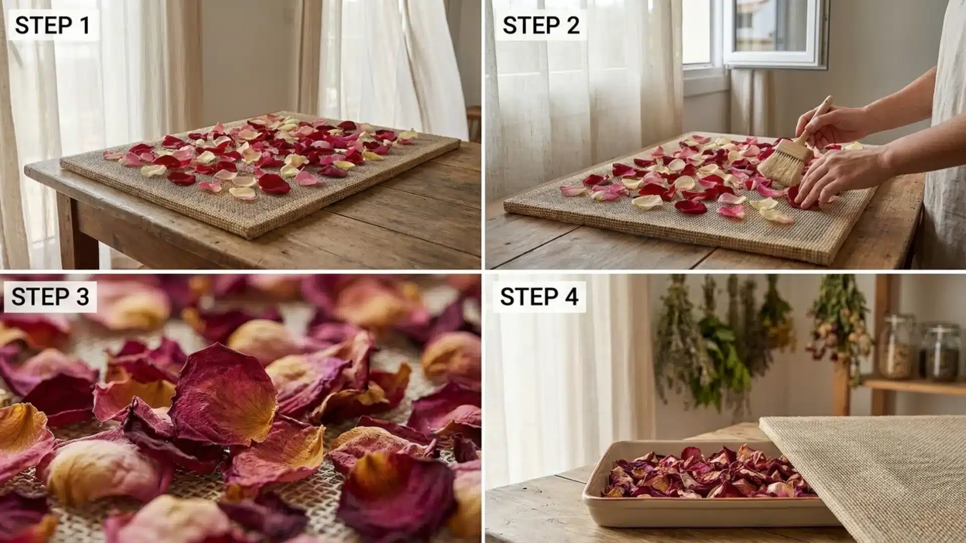 Rose petals spread on a tray for natural air drying at home.