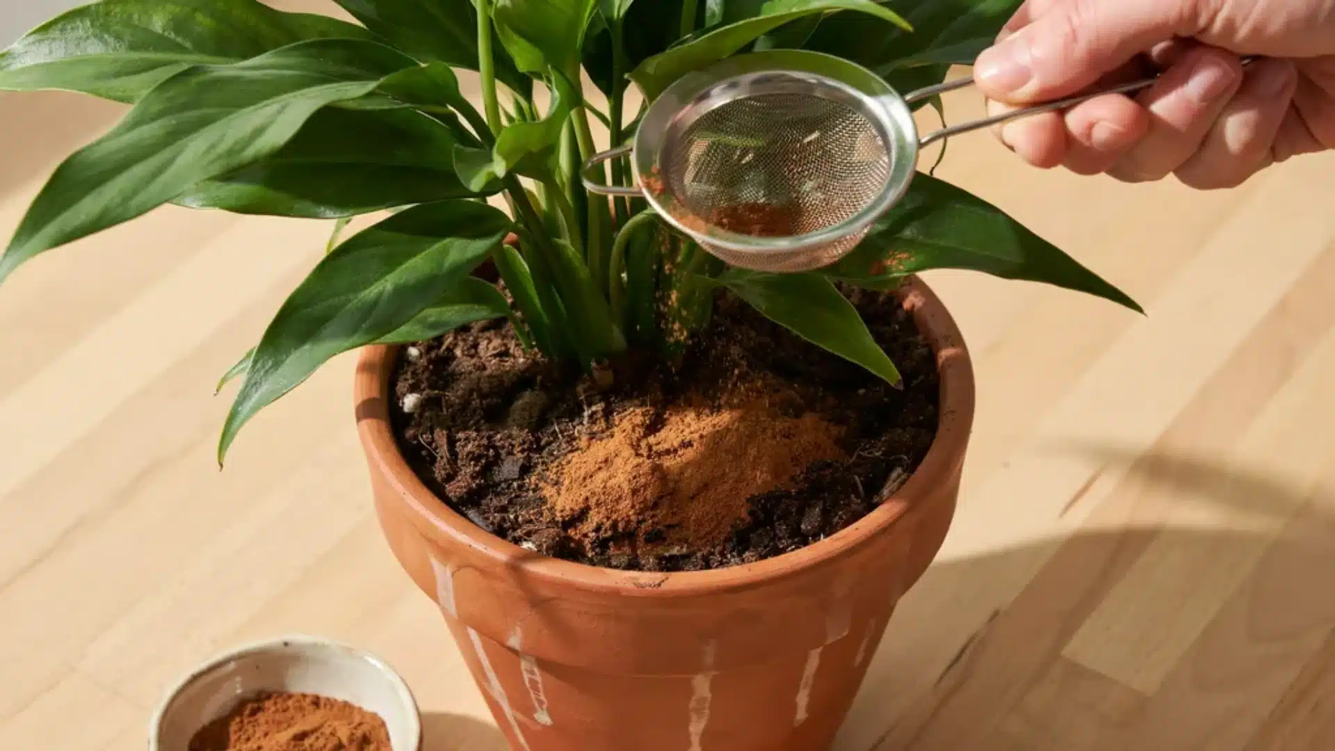 Close-up of cinnamon powder being dusted evenly over potting soil as a natural treatment for fungus gnats.