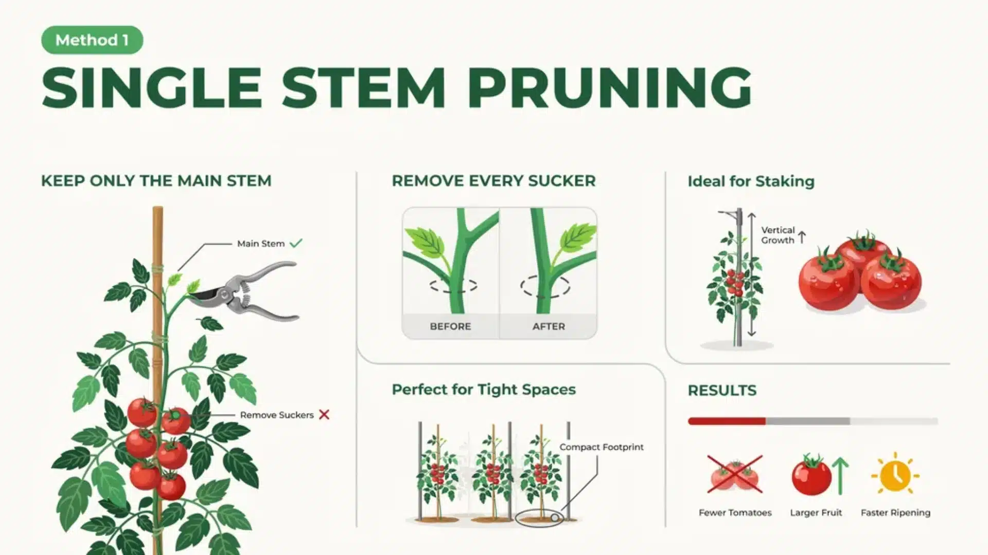 Diagram of single-stem pruning where all suckers are removed, leaving one main stem supported by a stake, resulting in compact growth and larger but fewer tomatoes.