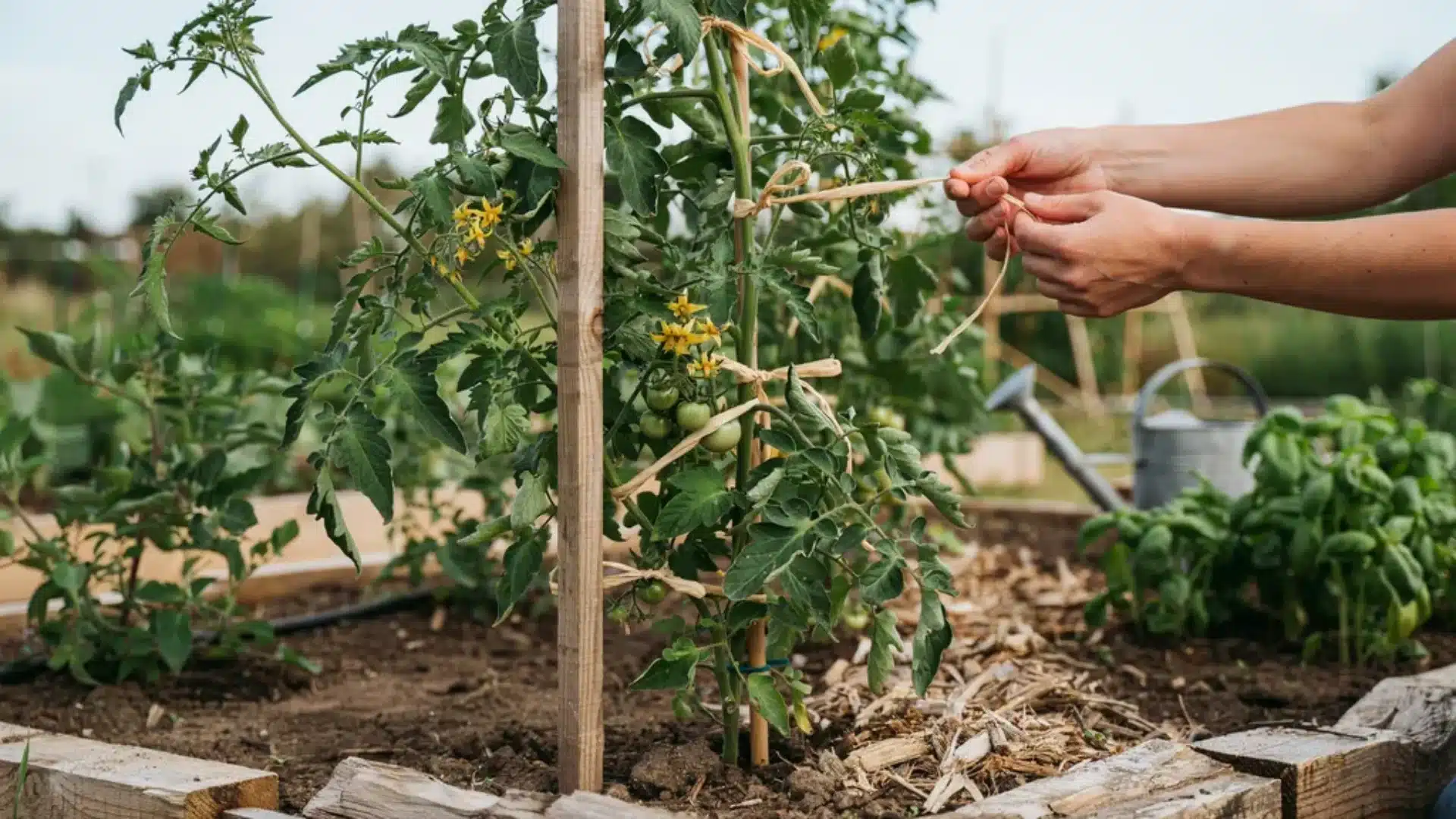 Young tomato plant tied to a single wooden stake for upright support in a garden bed with mulched soil.