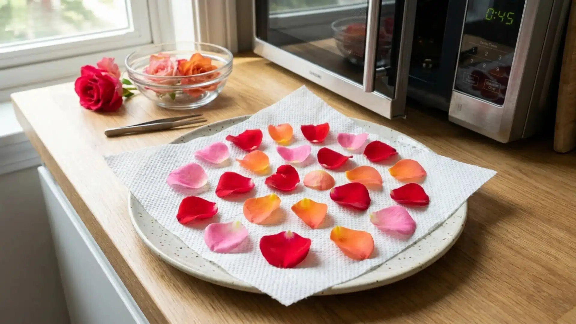 Fresh rose petals arranged on a plate for microwave drying method.