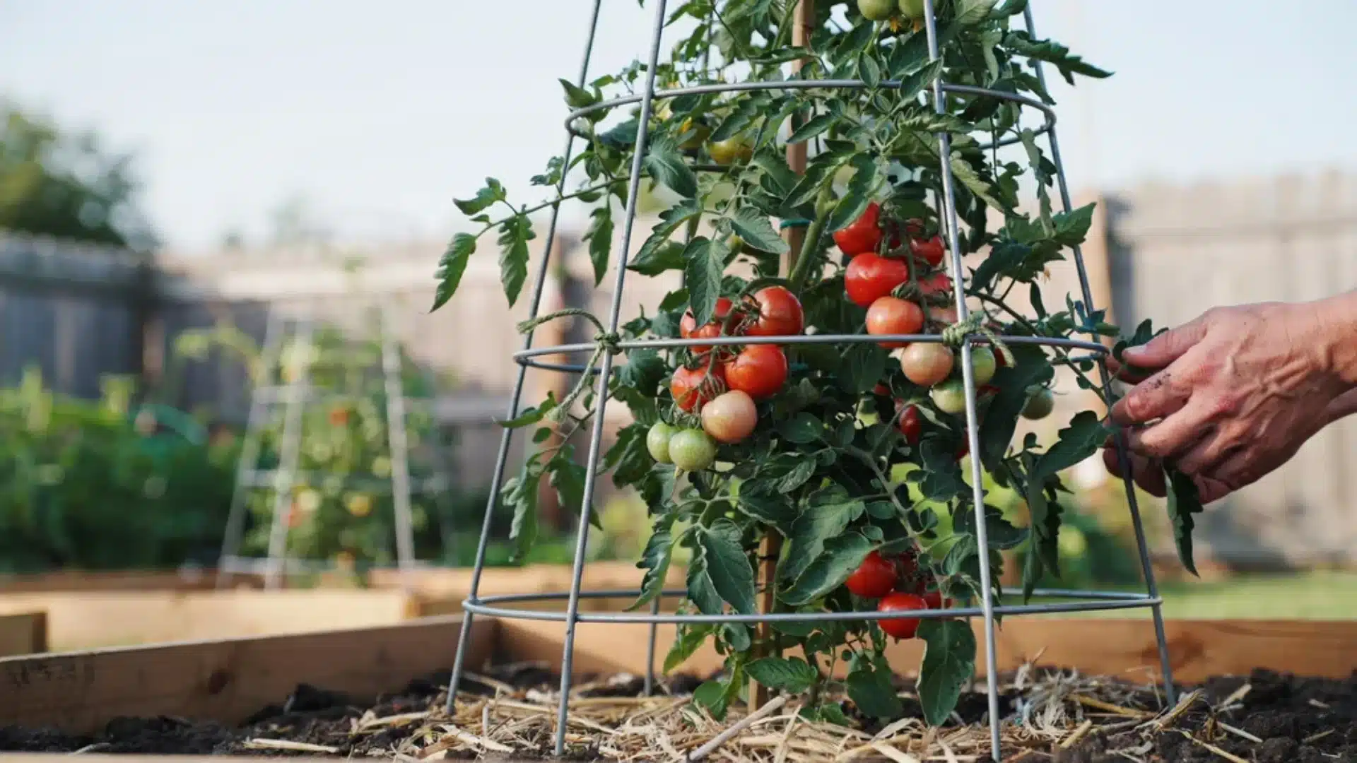 Tomato plant growing inside a heavy-duty wire cage, with fruit clusters supported by circular metal framing.