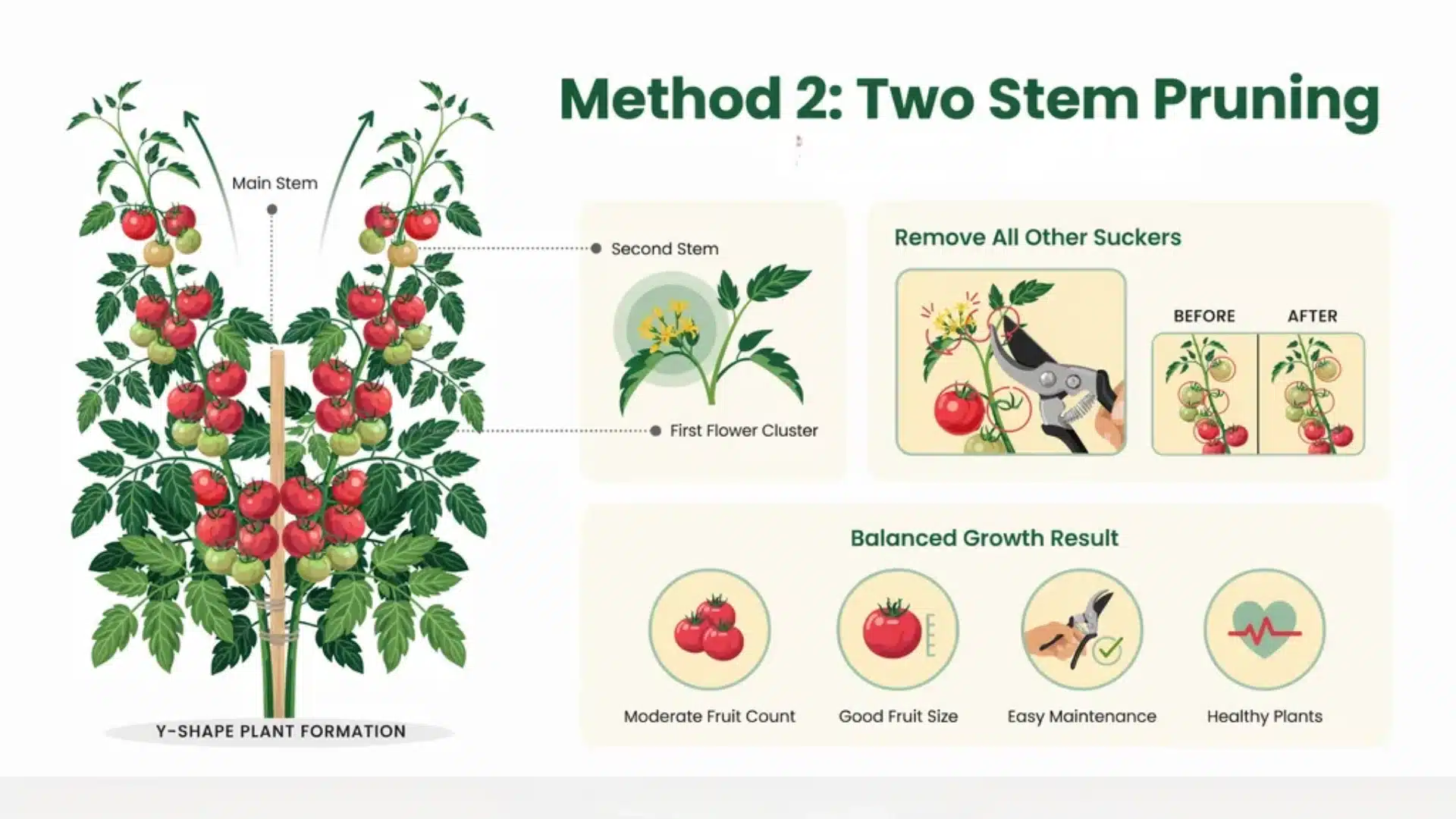 Visual guide showing tomato plant trained into two main stems by removing suckers, creating a Y-shaped structure.