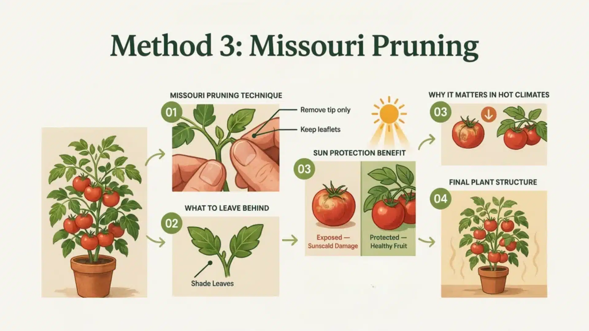 Diagram explaining Missouri pruning technique where side shoots are partially trimmed, leaving leaflets for sun protection.