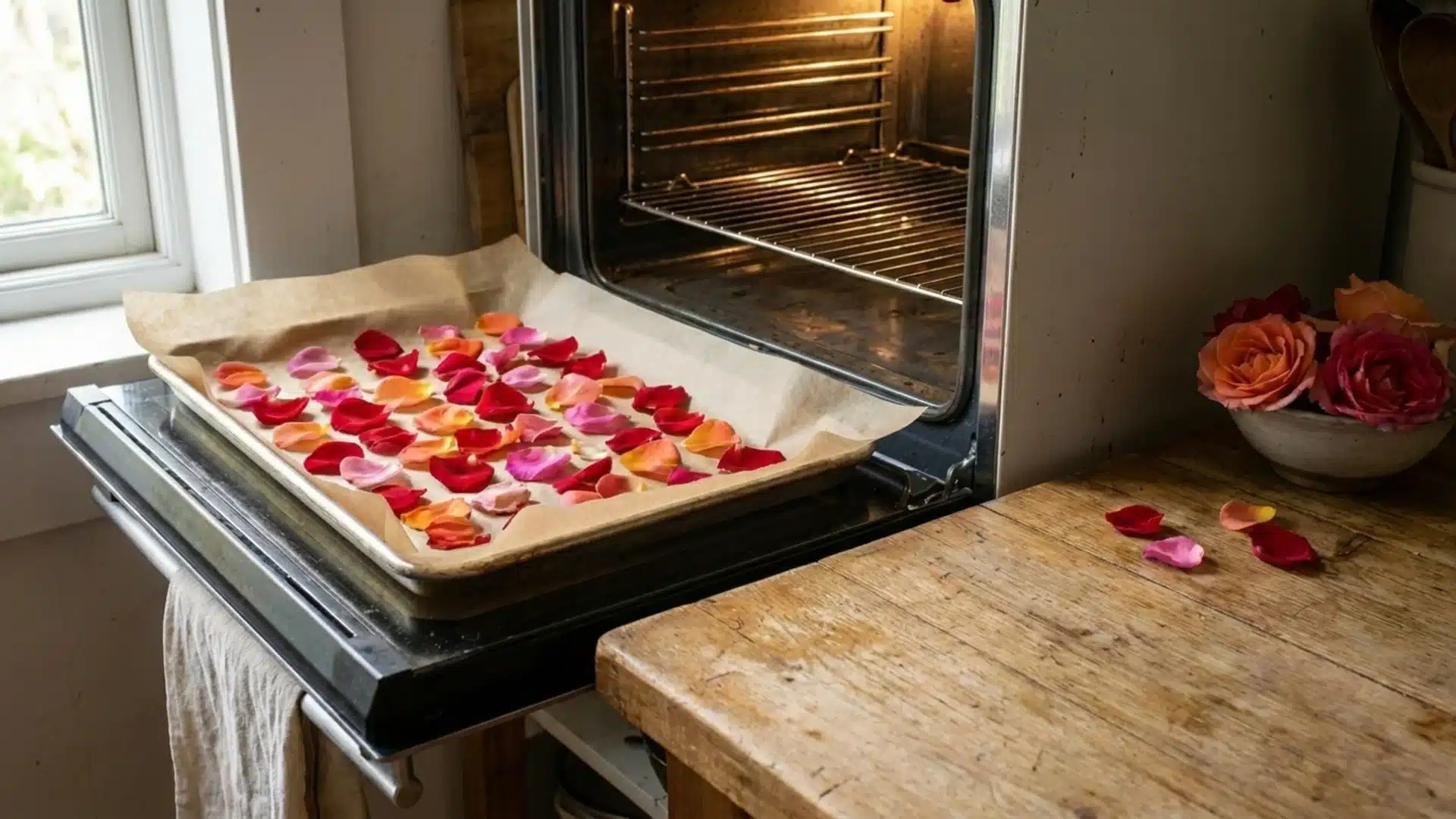 Rose petals drying on a baking tray inside an oven.