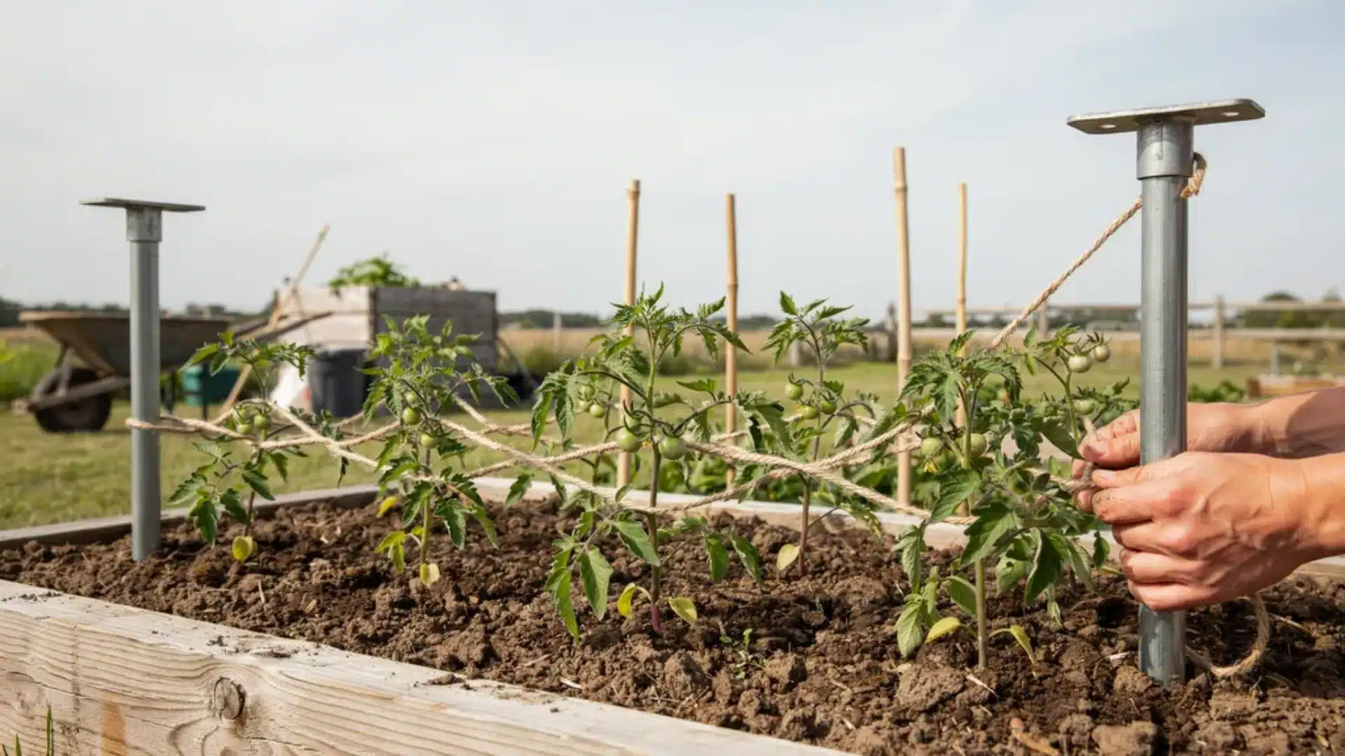 Rows of tomato plants trained along horizontal strings using the Florida weave method for organized row support.