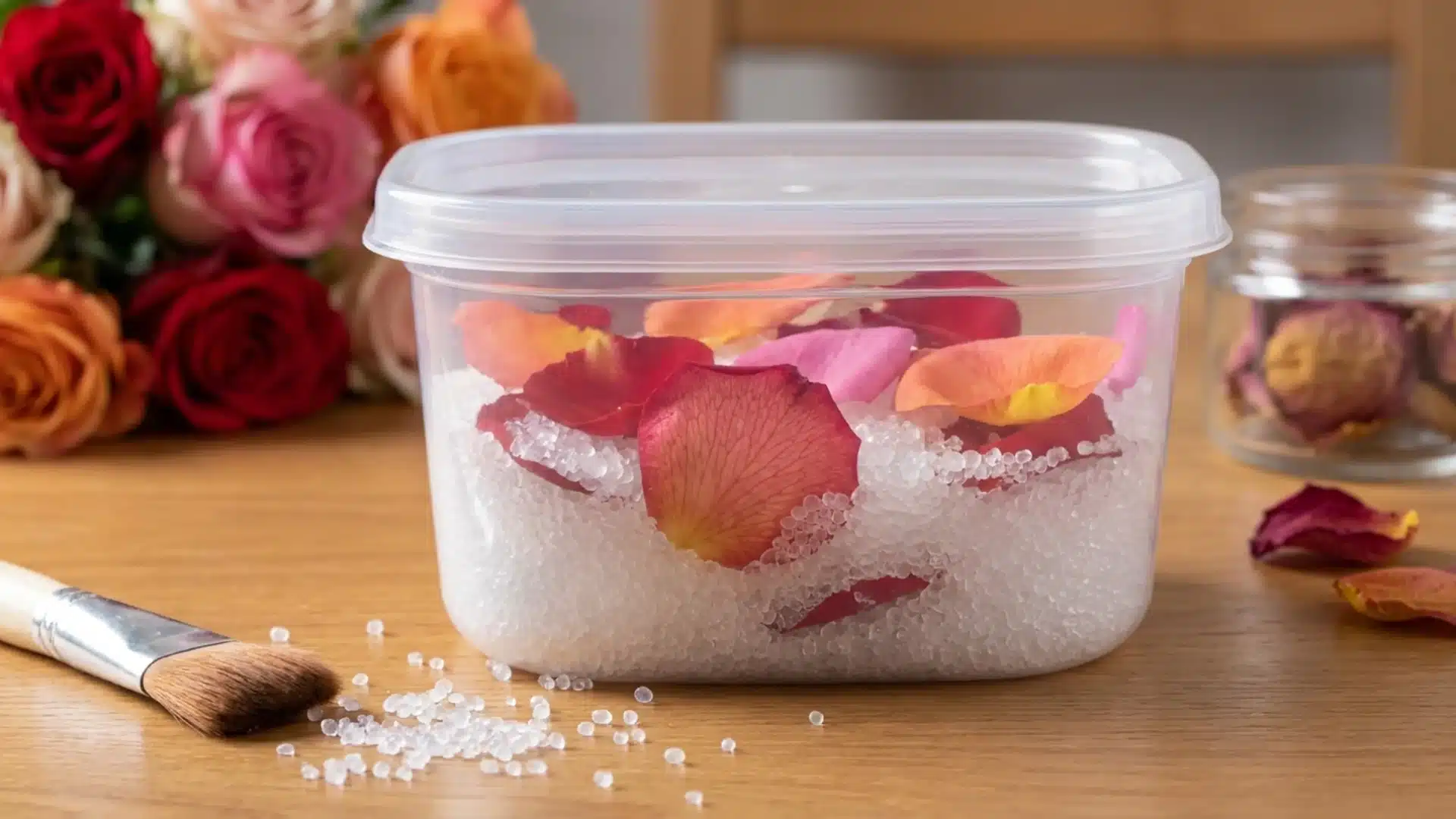 Rose petals preserved using silica gel in a clear container.