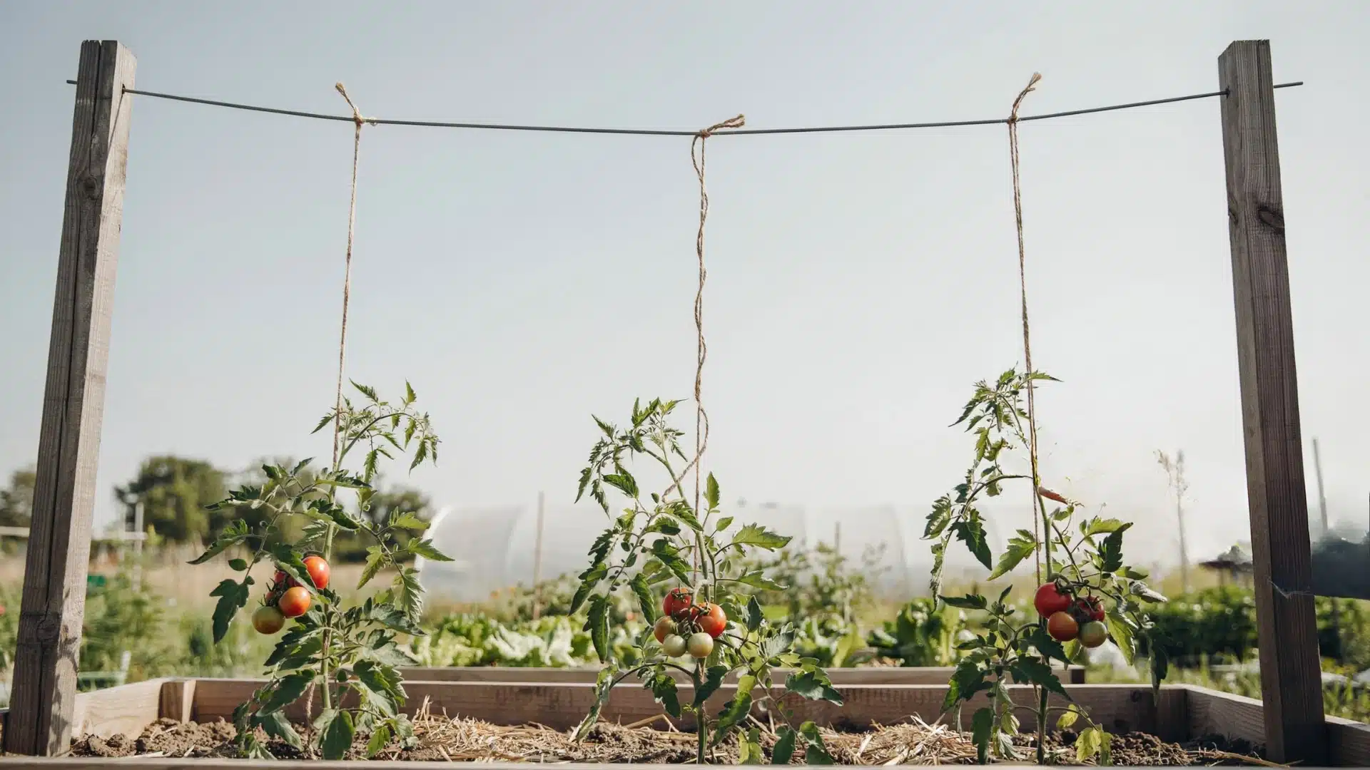 Tomato plant trained upward using a vertical string tied to an overhead support, creating a clean vertical growing system.