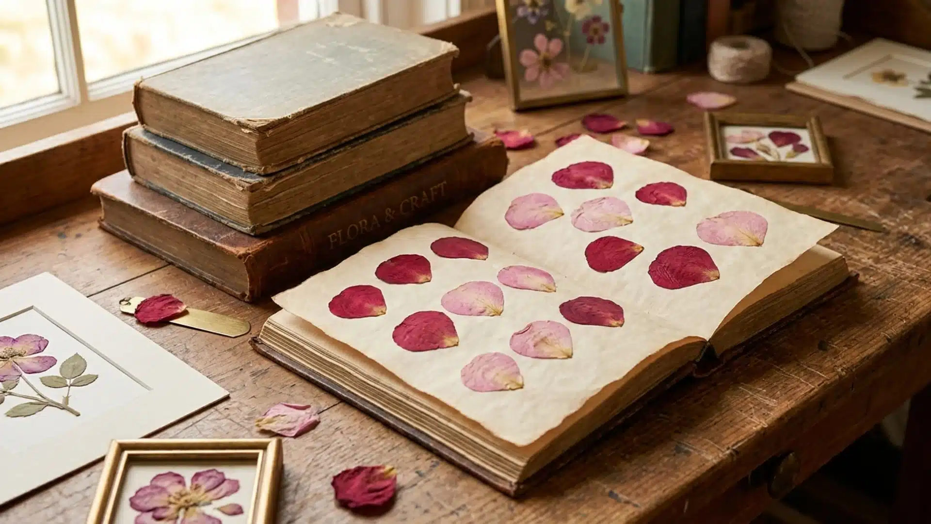 Pressed rose petals displayed on paper with vintage books and botanical frames.