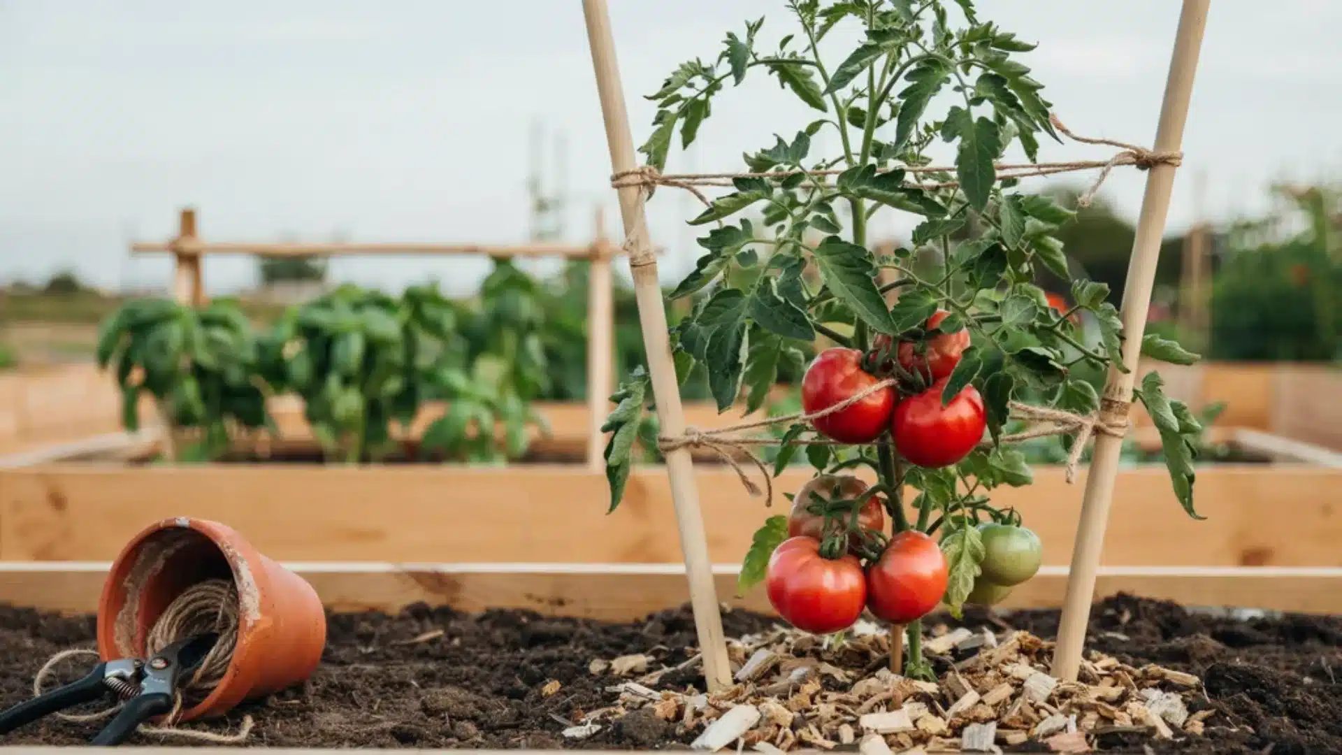 Tomato plant secured between two vertical stakes with figure-eight ties, showing the double-stake support method.