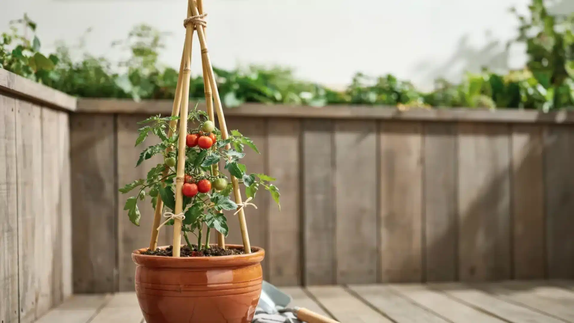 Tomato plant supported by a bamboo teepee structure in a container, with fruit hanging inside the triangular frame.
