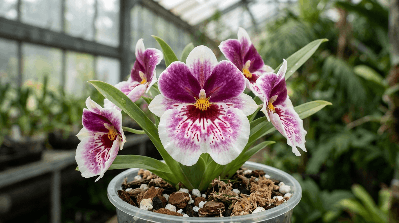 Miltonia orchid displaying flat pansy-like flowers with colorful petals in a cool indoor orchid environment.
