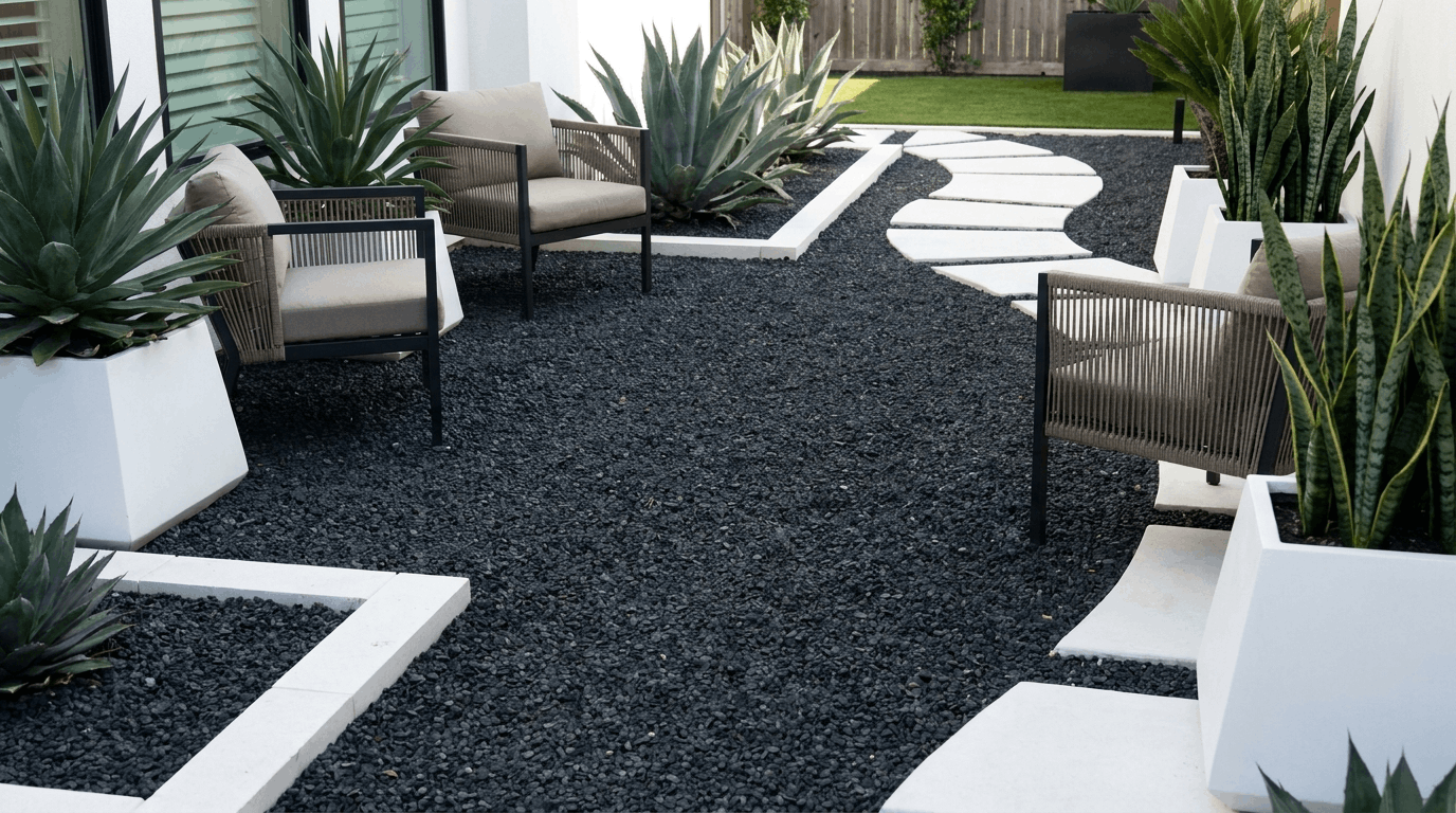 Black basalt gravel patio with white stone accents creating a modern high-contrast outdoor design.