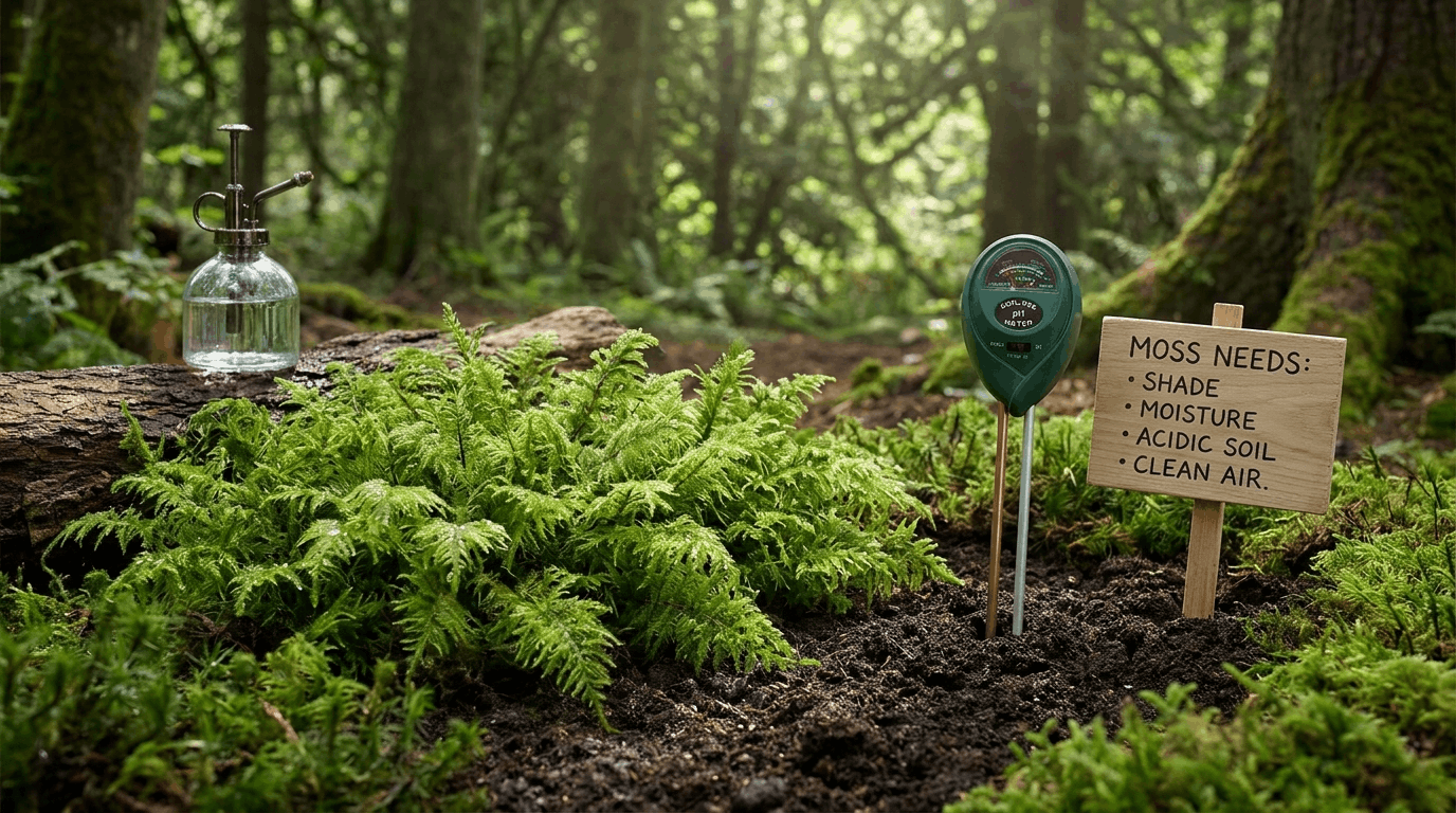 Healthy moss garden showing shade moisture compact soil and ideal conditions for successful moss growth.