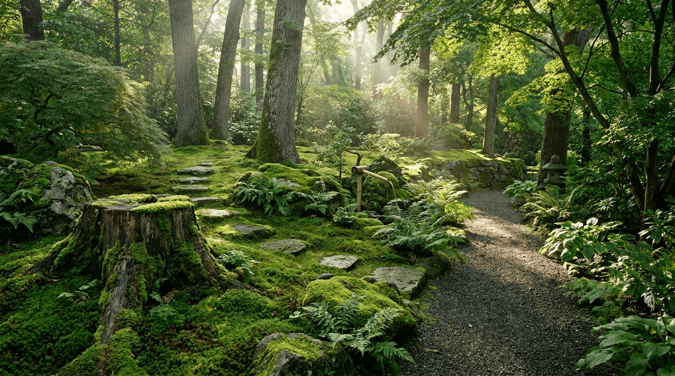 Moss garden with stepping stones rocks and woodland plants creating natural shaded landscape design.