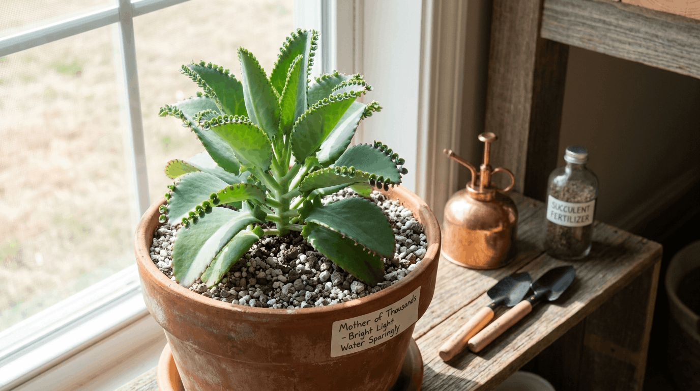 Healthy Mother of Thousands plant near bright window in terracotta pot with cactus soil and proper care setup.