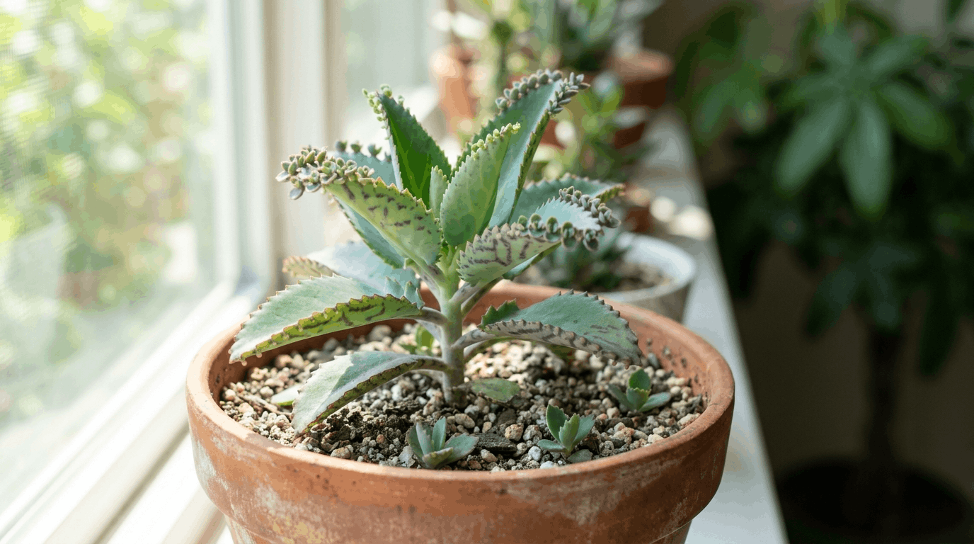 Mother of Thousands plant with blue green leaves and baby plantlets growing along edges in indoor succulent pot.