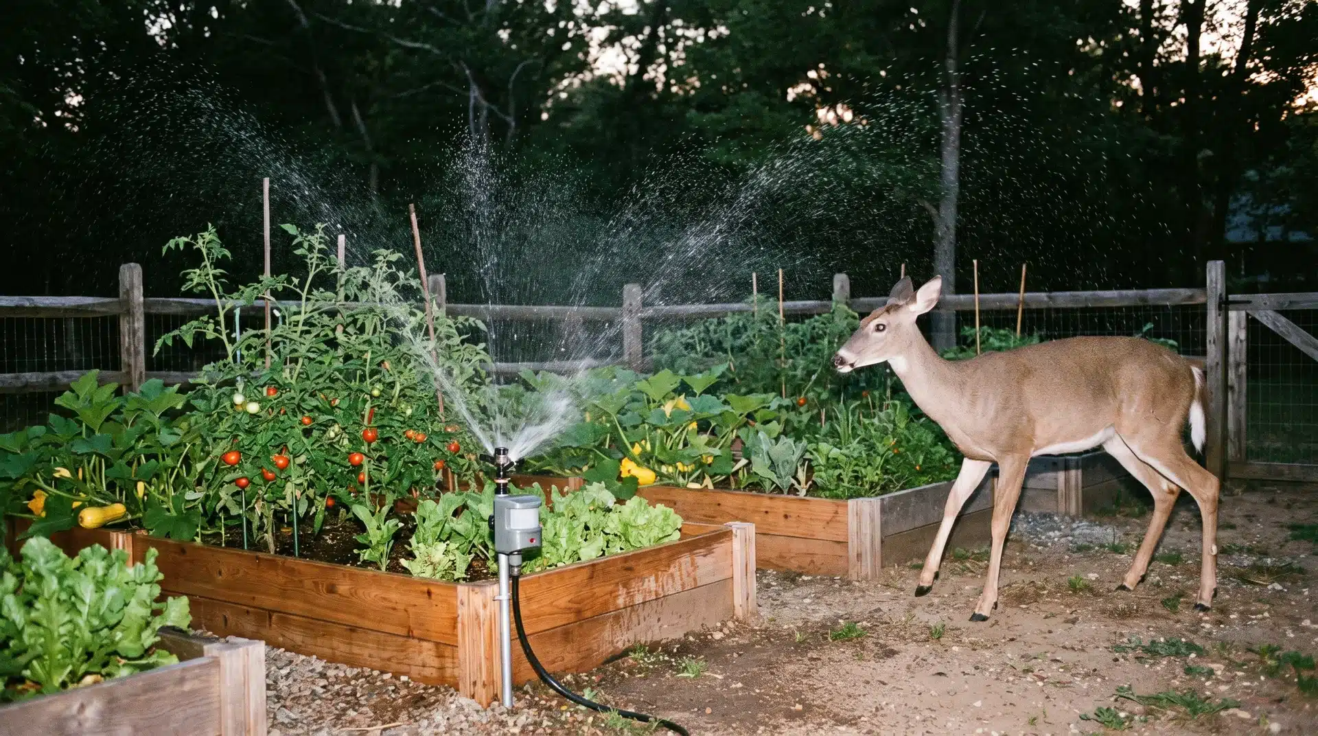 Motion sprinkler spraying water helps keep deer out of garden by startling approaching animals near crops.