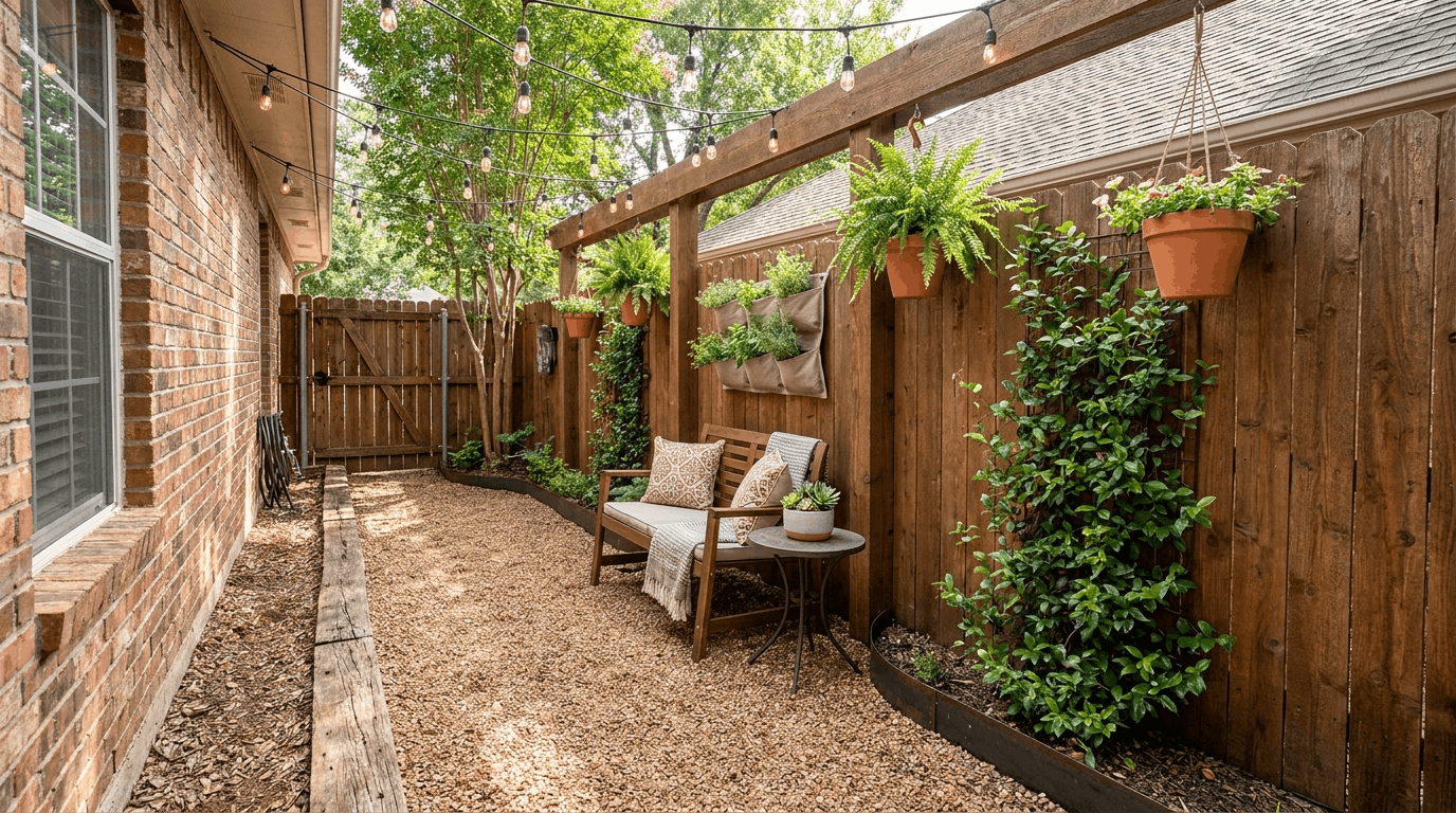 Narrow side yard transformed into gravel patio with bench, plants, and string lights for relaxation.