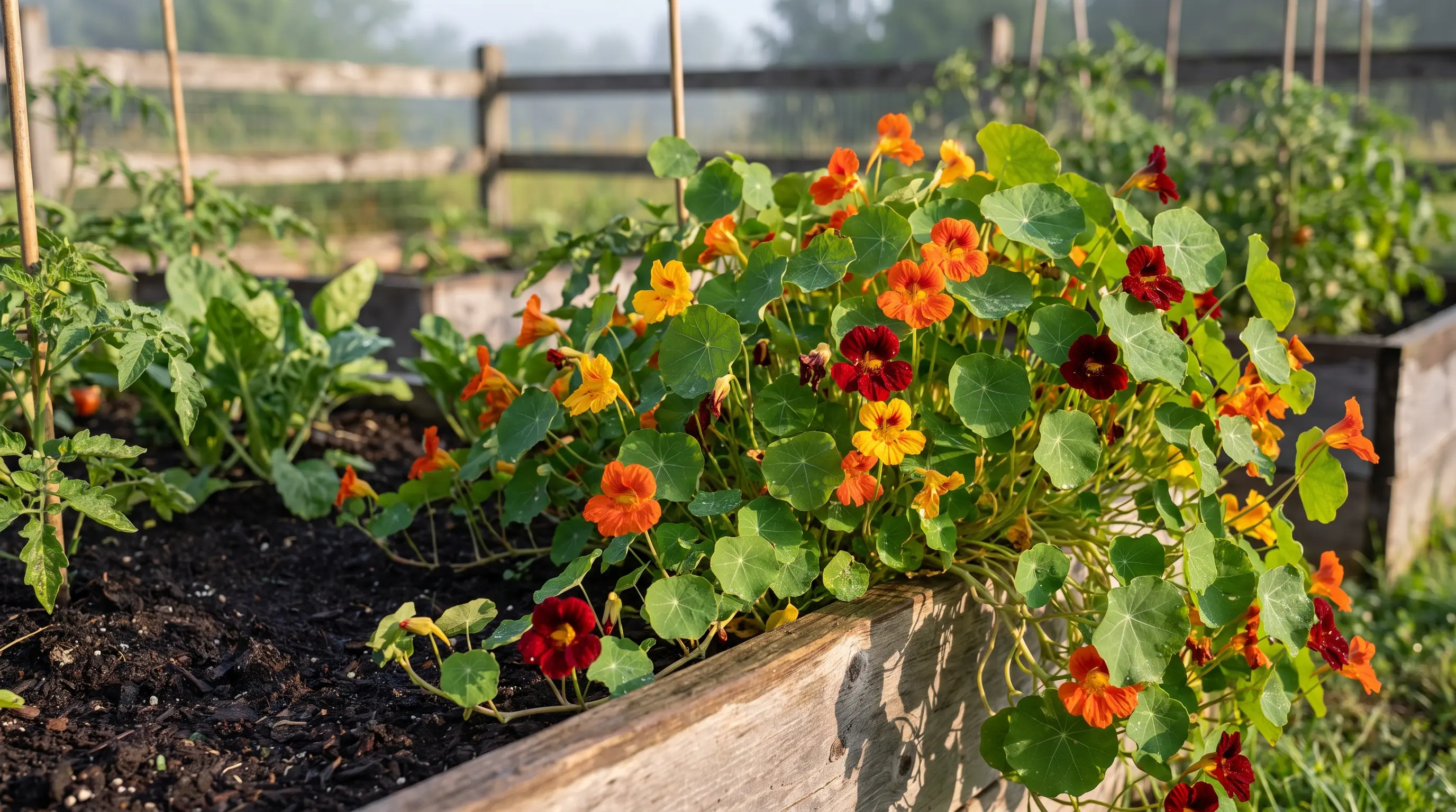 Colorful nasturtium flowers and green leaves growing along a home garden bed