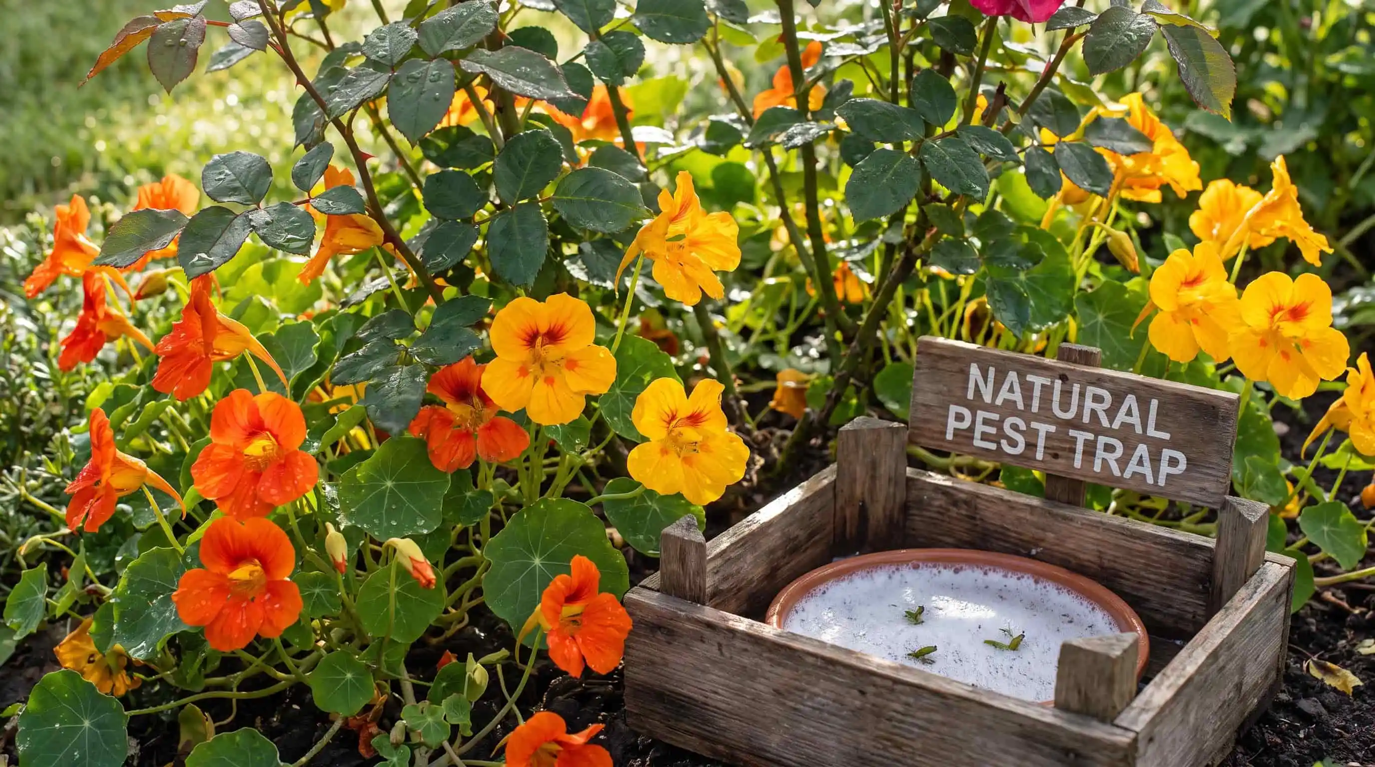 Nasturtiums spreading around rose plants in colorful garden bed companion plants for roses to keep pests away acting as aphid trap crop.