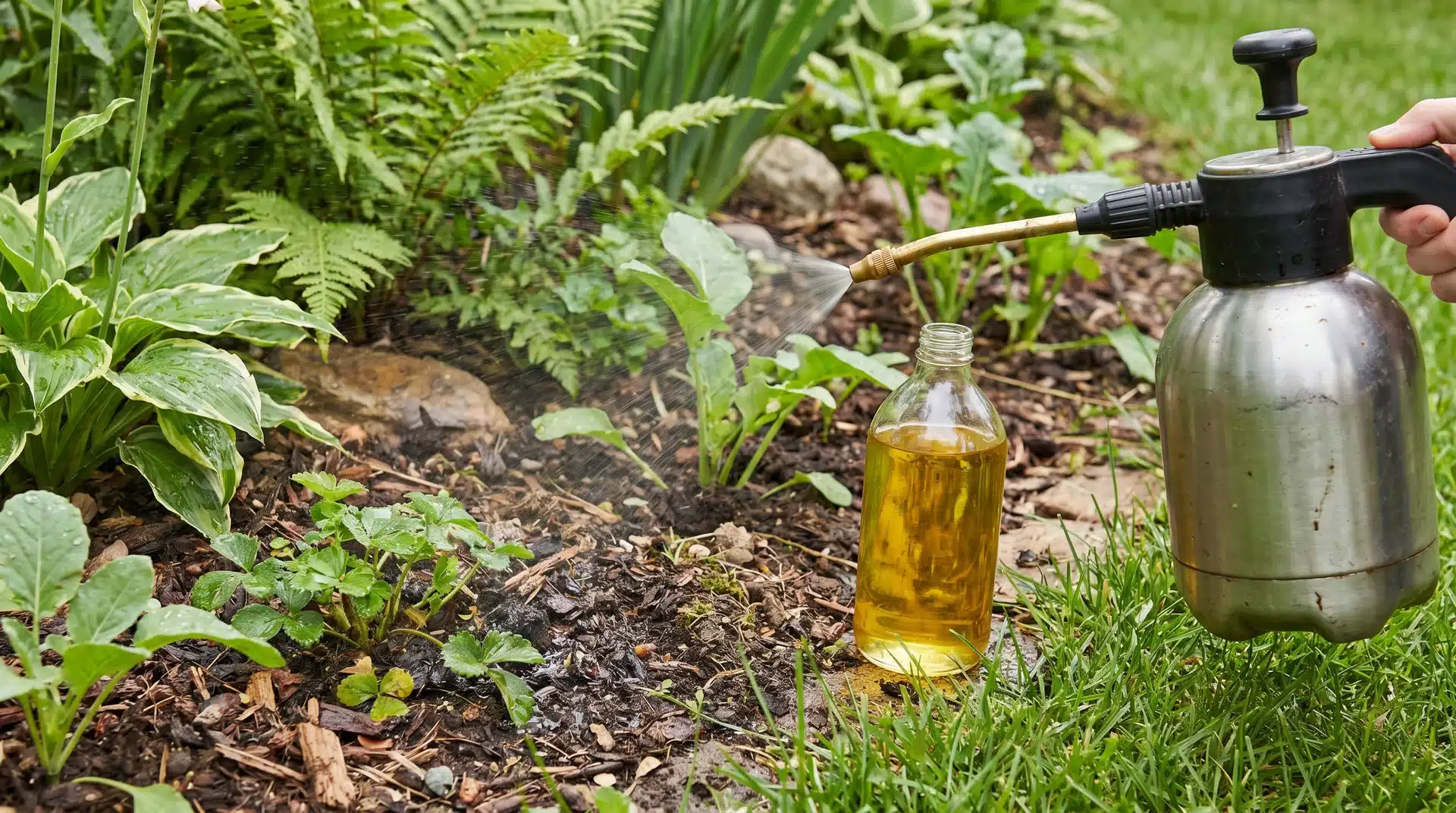 How to get rid of voles with natural repellents sprayed around garden soil and plant areas.