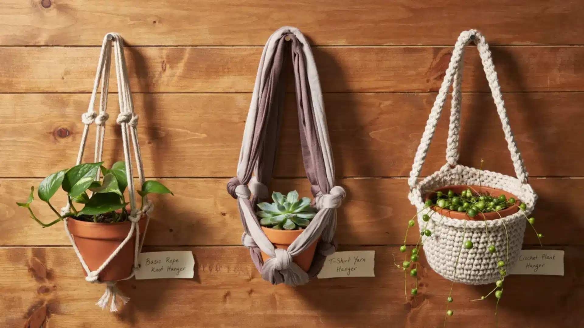 Three macramé plant hangers mounted on a wooden wall, each holding potted plants and labeled as different DIY hanger styles.