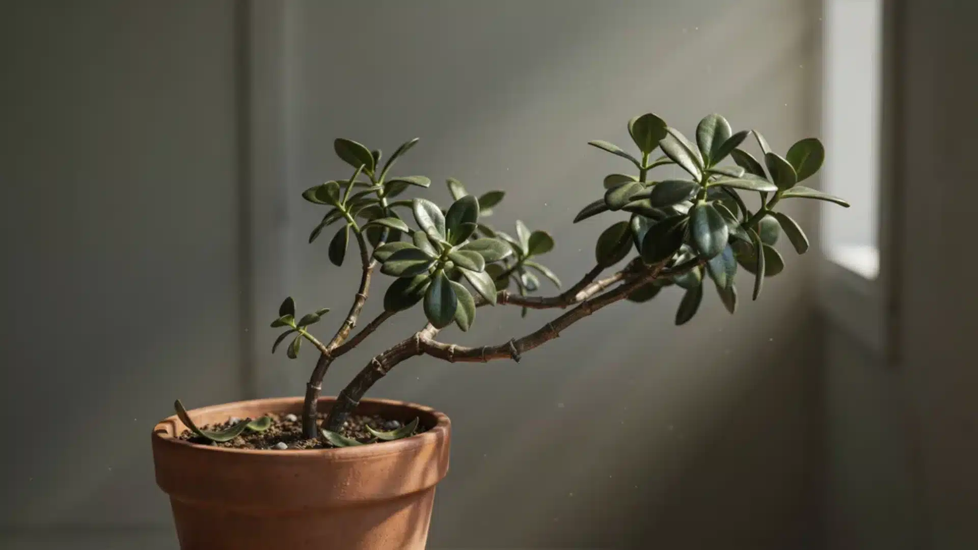 Jade plant stretching unevenly toward light source, showing weak growth from low light conditions.