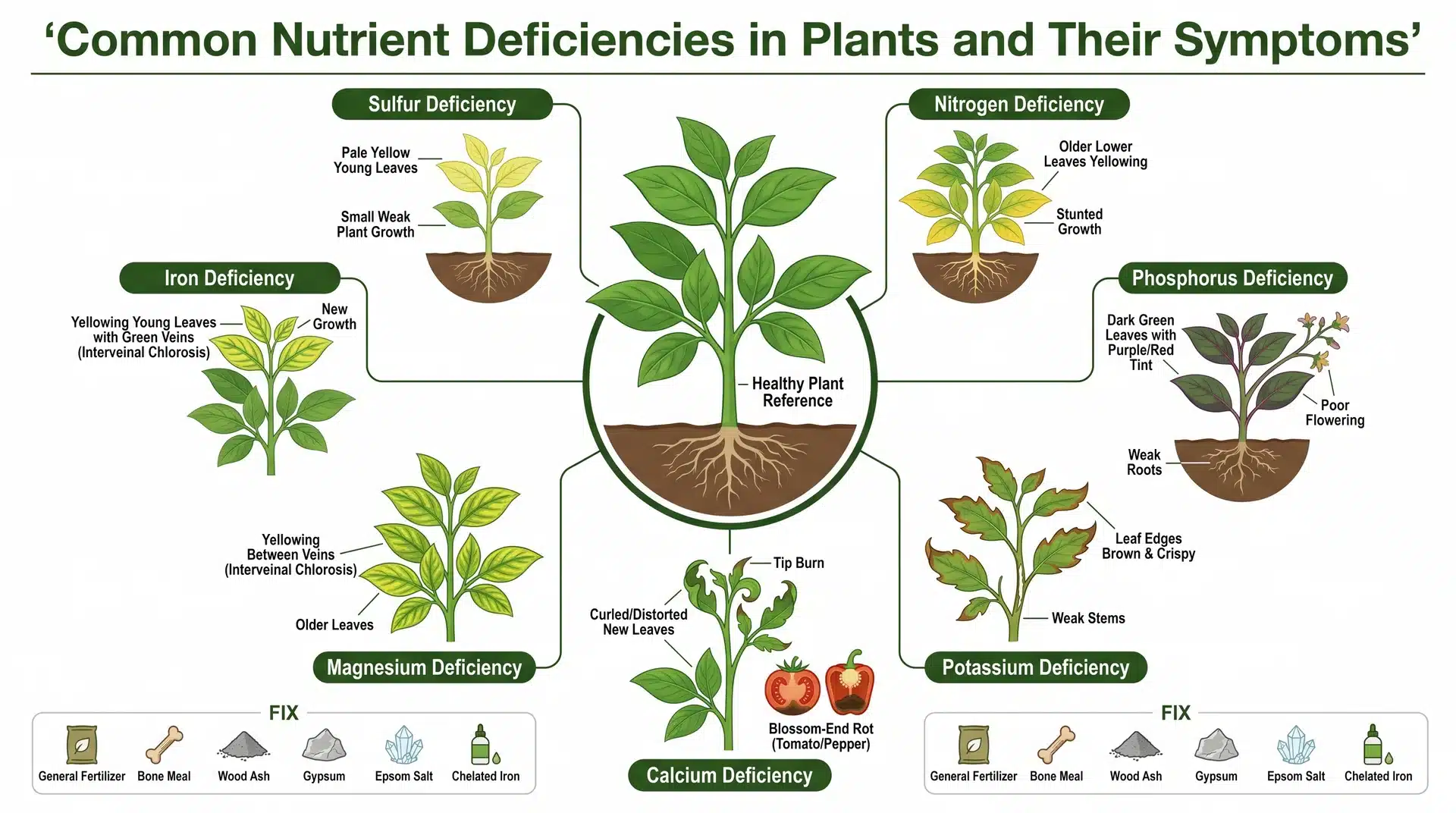 Chart of common nutrient deficiencies in plants, including nitrogen, phosphorus, potassium, iron, magnesium, calcium, and sulfur, with visual leaf symptom examples.