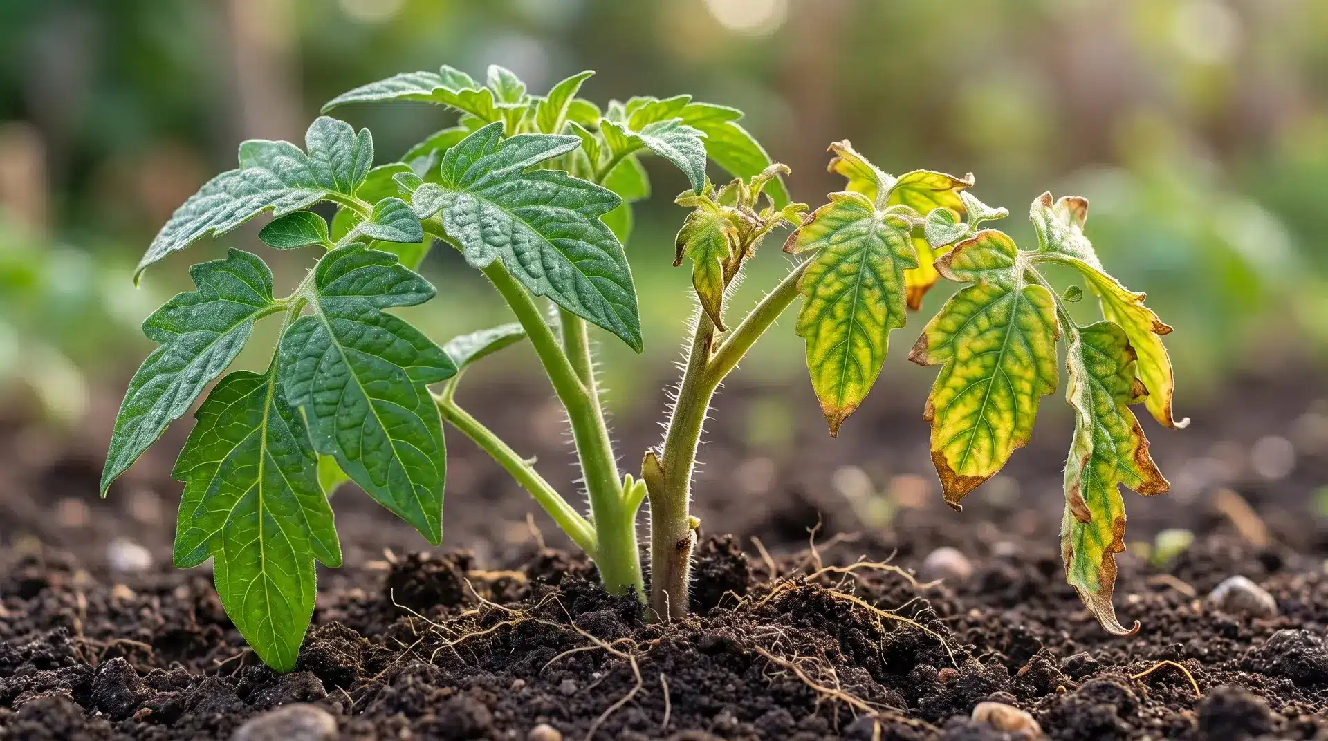 Close-up of a young plant showing healthy green leaves on one side and yellowing, curling, and browning leaves on the other.