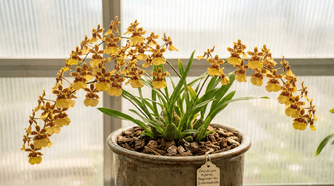 Oncidium orchid showing branching flower spikes with yellow dancing lady blooms and narrow green leaves.