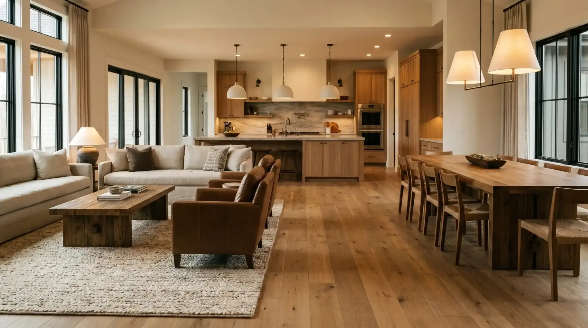 Open concept living space showing large rug defining seating area using proper living room rug size balance.