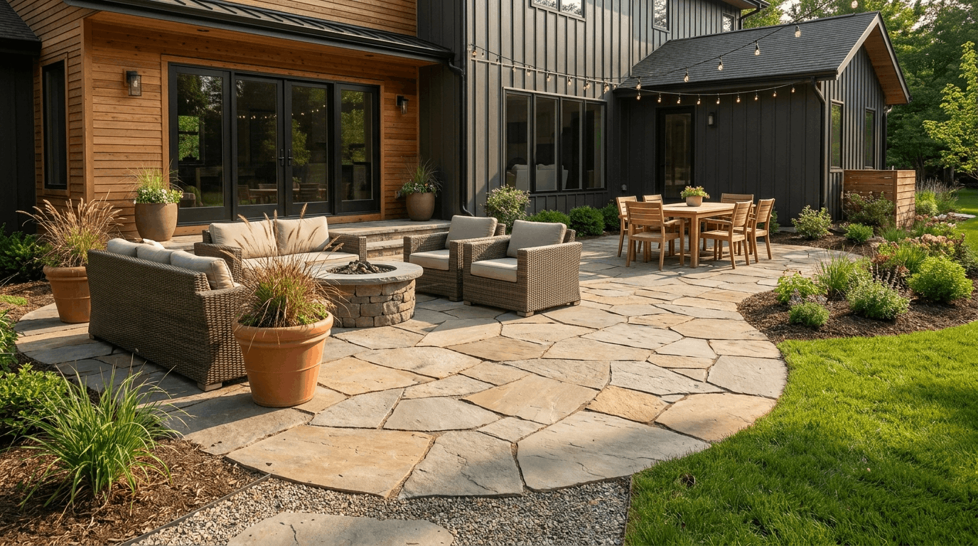Ground-level patio with pavers outdoor furniture and open sky showing flexible backyard living space.