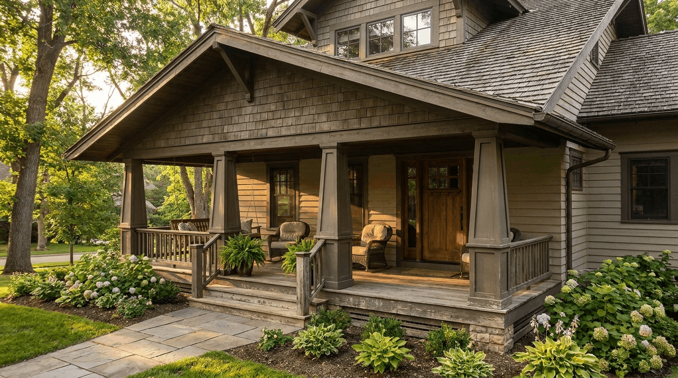 Attached home porch with roof, columns, railings, and seating showing traditional covered outdoor living structure.