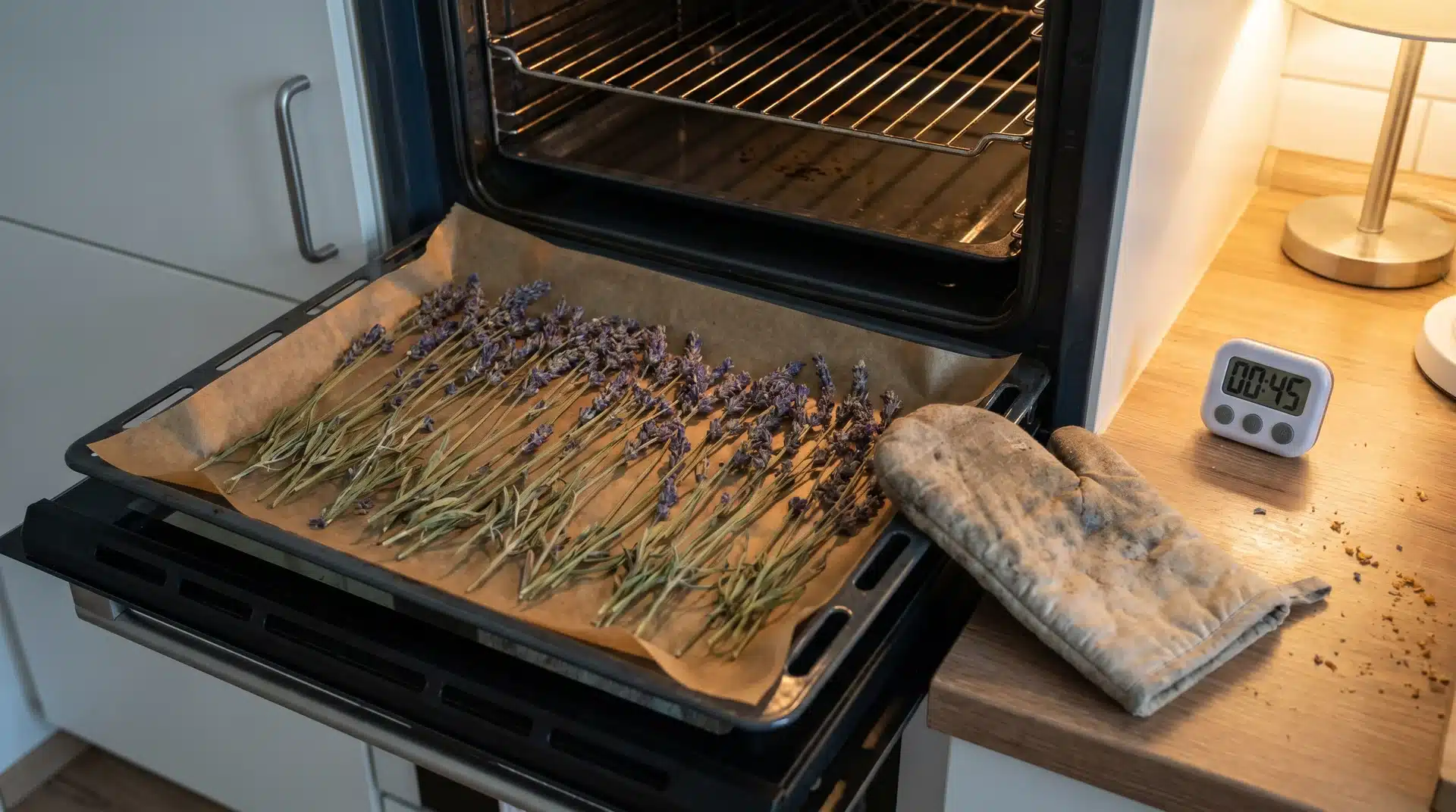 How to dry lavender quickly using stems arranged on a baking tray inside an oven.
