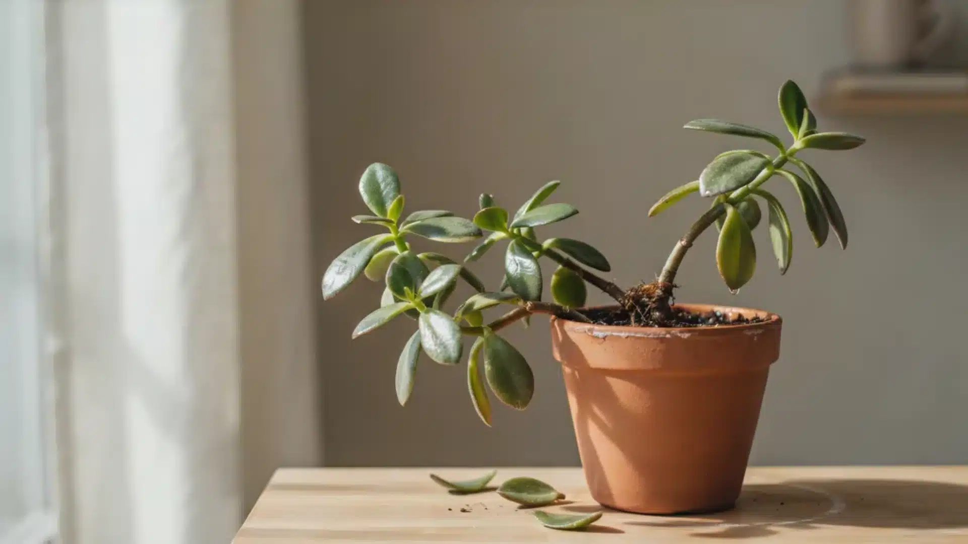 Jade plant with yellowing leaves and soggy soil suggesting excess watering and root stress.