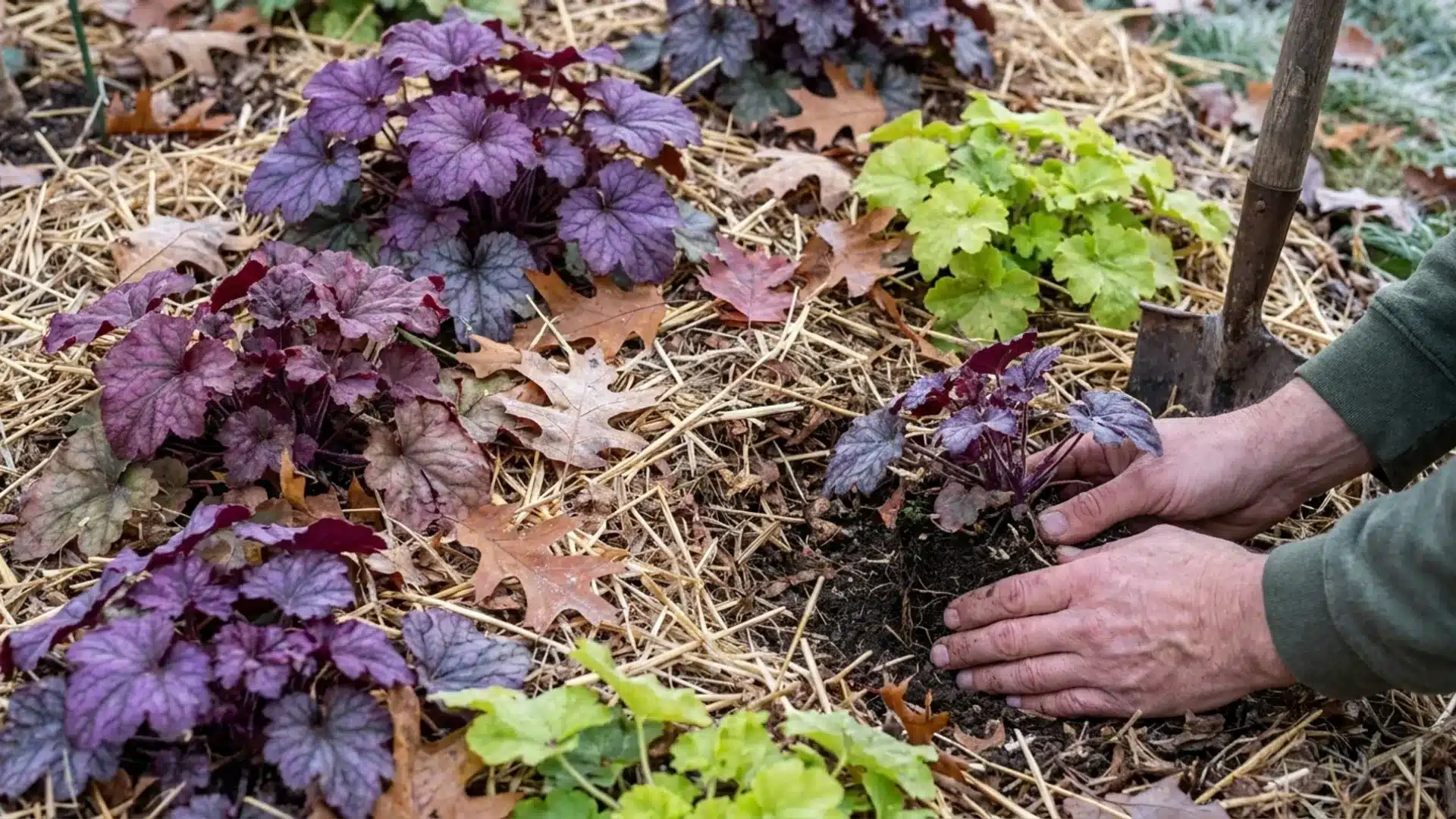 Gardener planting coral bells in mulch-covered soil to prepare the plants for winter protection.