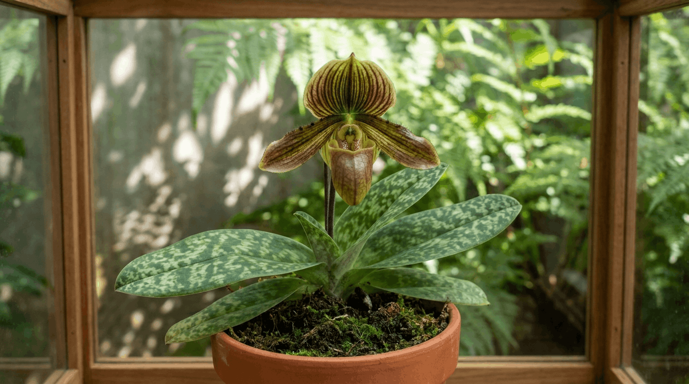 Paphiopedilum orchid with unique slipper-shaped flowers and patterned leaves growing in shaded indoor conditions.