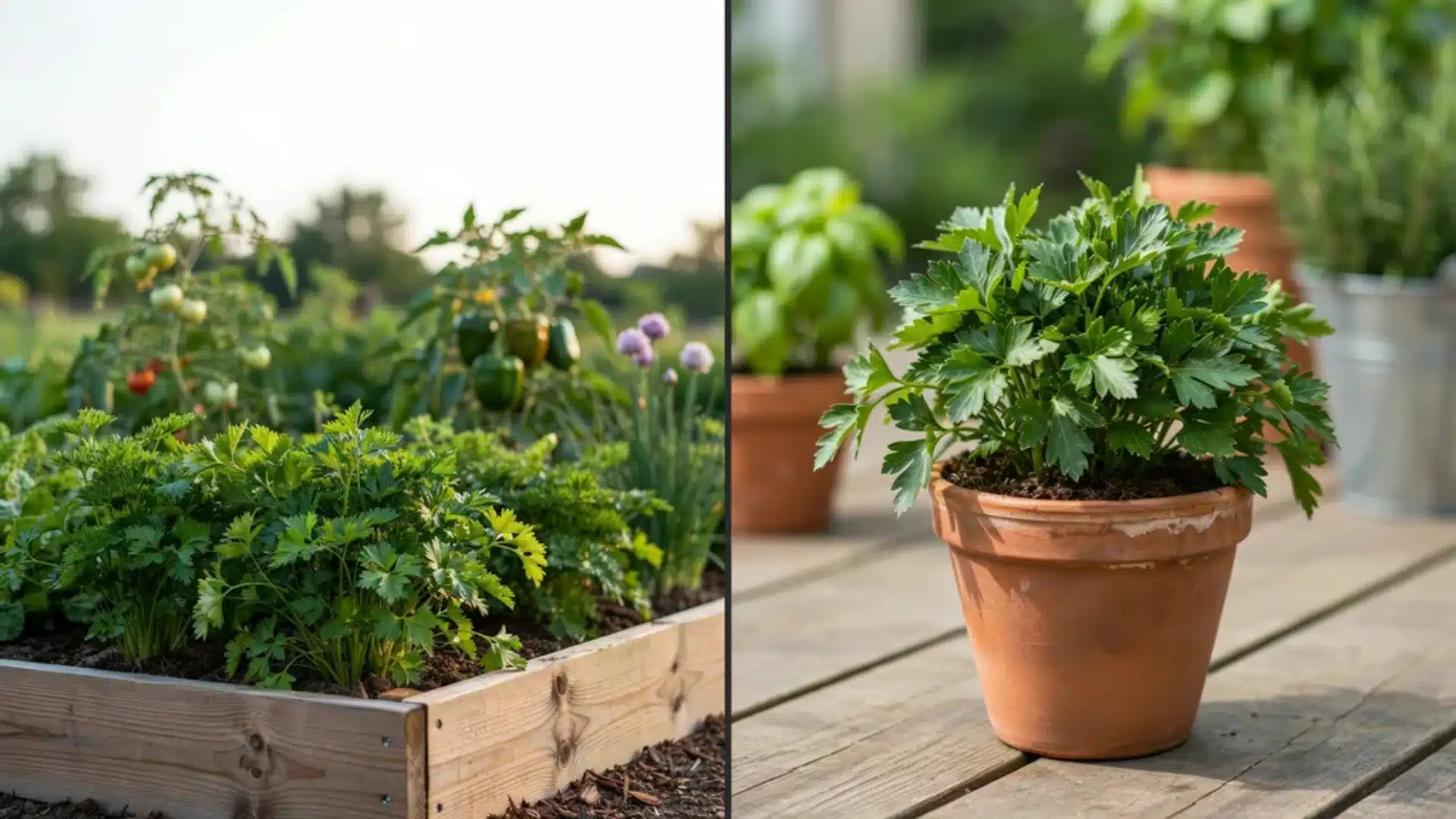 Parsley companion planting in raised beds and containers with healthy herb growth.