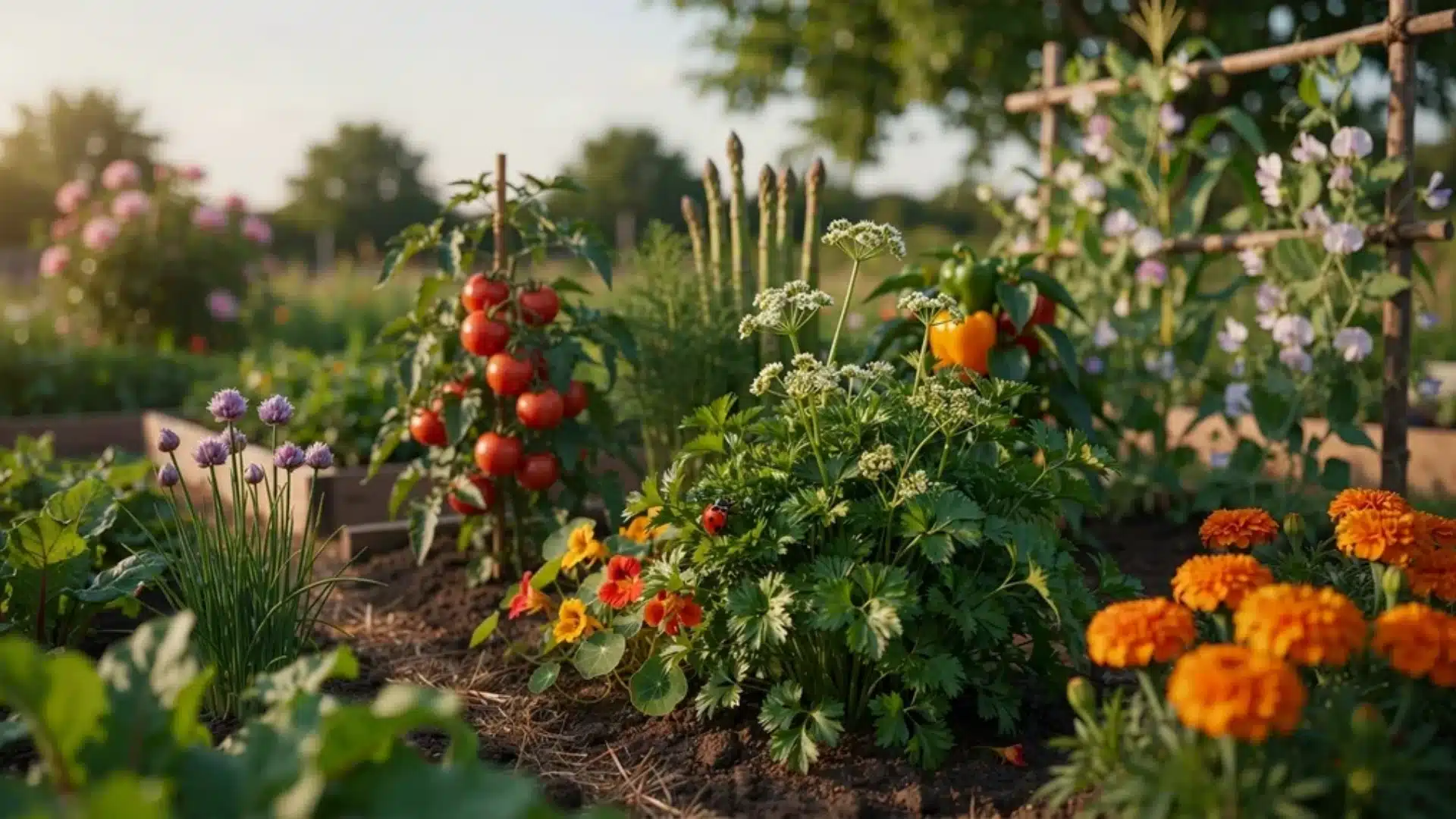 Healthy parsley growing with companion plants like tomatoes, marigolds, chives, and nasturtiums in a garden bed.