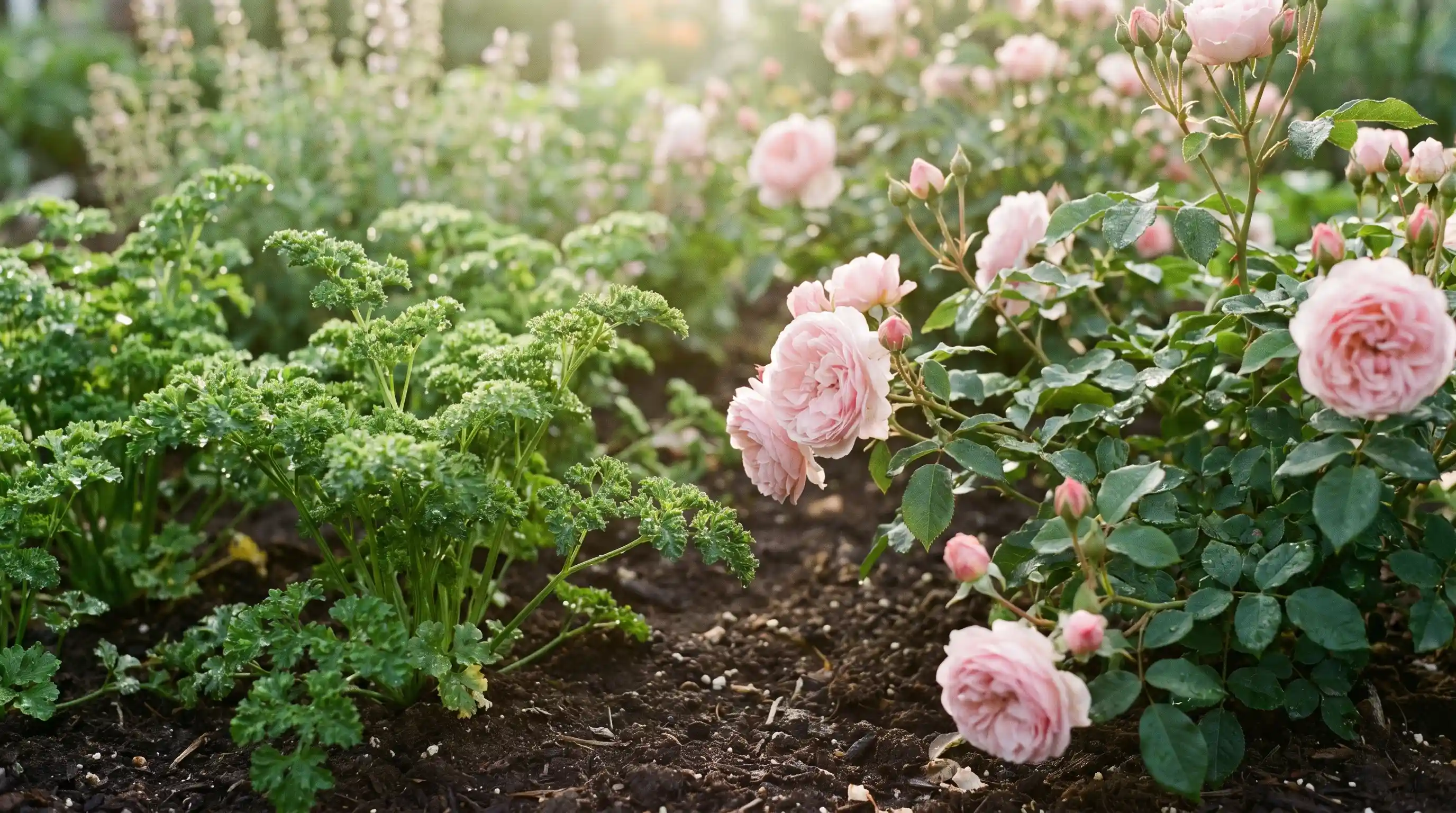 Parsley growing beside rose bushes in garden bed companion plants for roses to keep pests away attracting hoverflies and butterflies naturally.