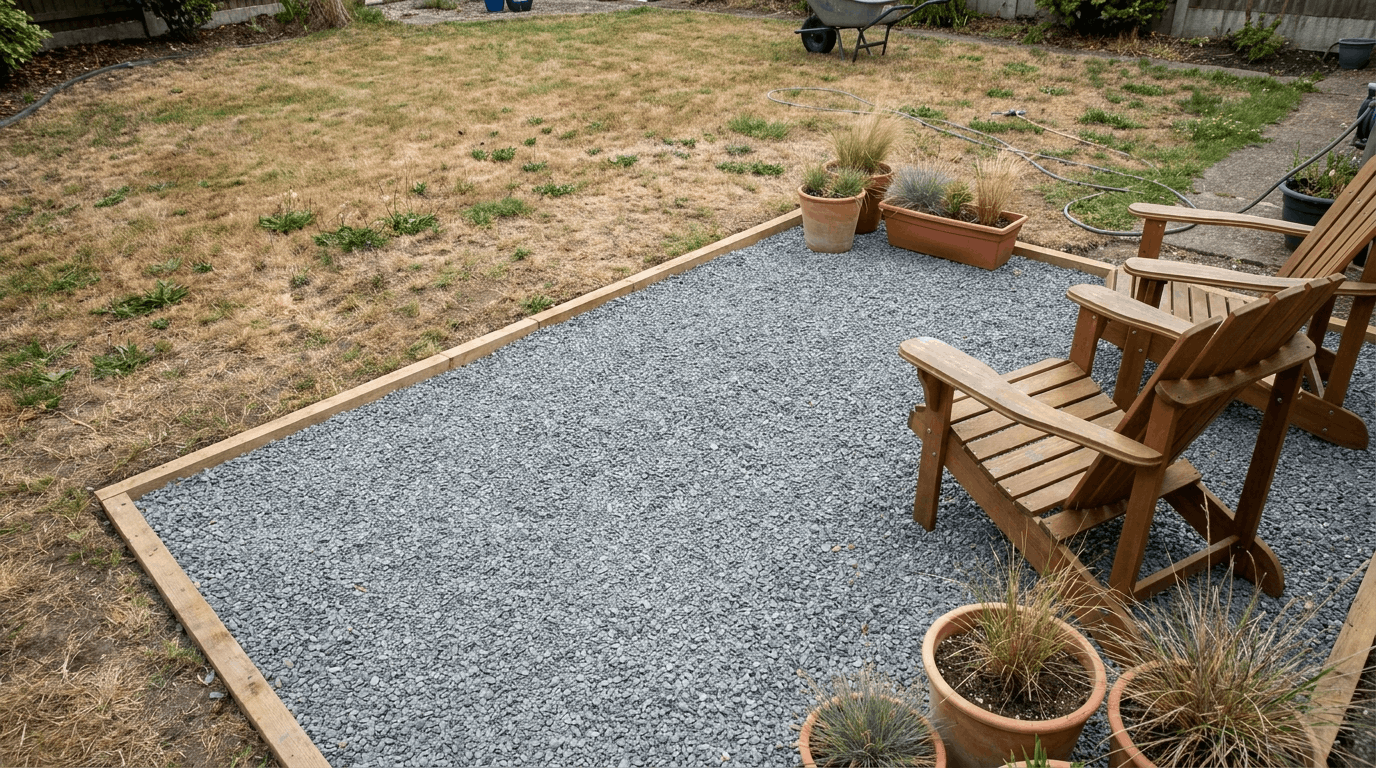 Patchy lawn replaced with low-maintenance gravel patio featuring seating area and clean landscape edging.