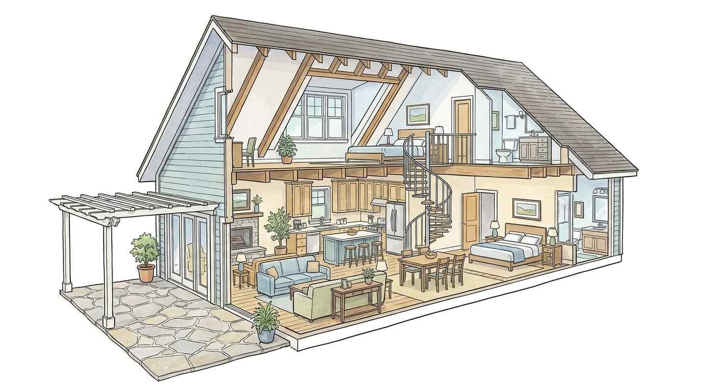 Cutaway illustration of a one-and-a-half story patio home with a loft above the main level