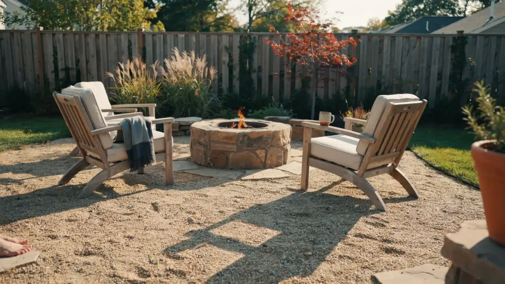 Backyard fire pit area covered with smooth pea gravel, surrounded by greenery and outdoor lounge chairs.