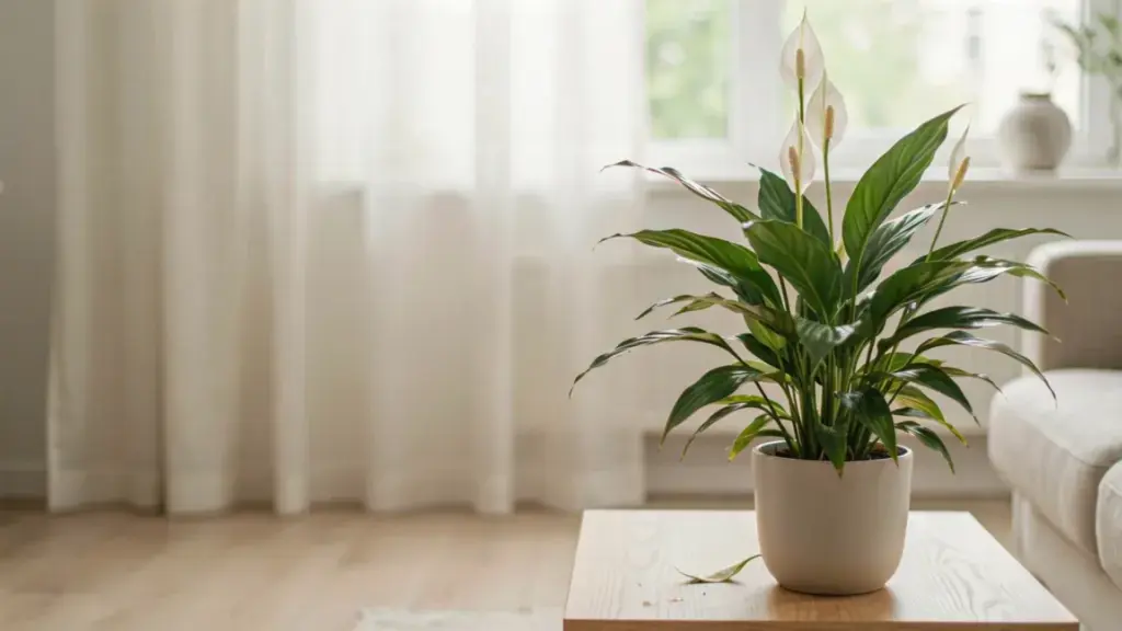 Peace lily in a white pot sitting on a table beside sheer curtains, with a calm indoor living room setting and soft daylight.
