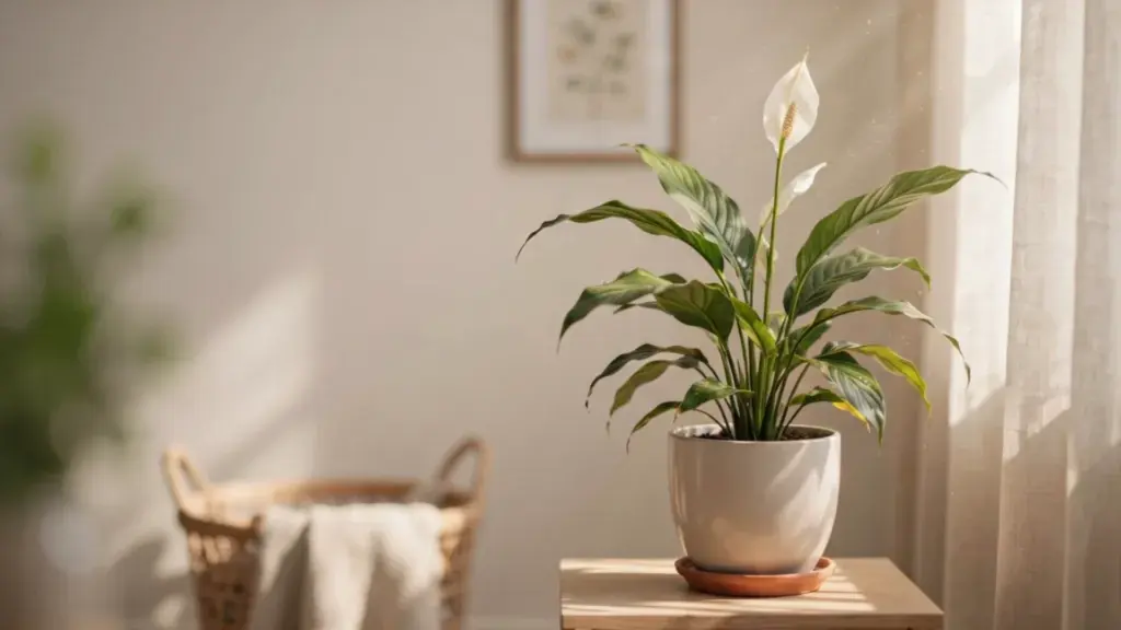 Peace lily in a white pot placed on a wooden table near a window, showing slightly yellowing leaves and minor browning tips.