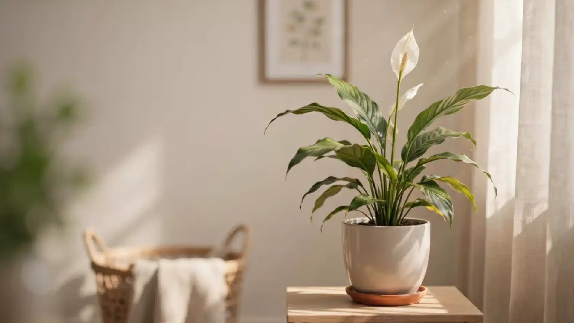 Peace lily in a white pot placed on a wooden table near a window, showing slightly yellowing leaves and minor browning tips.