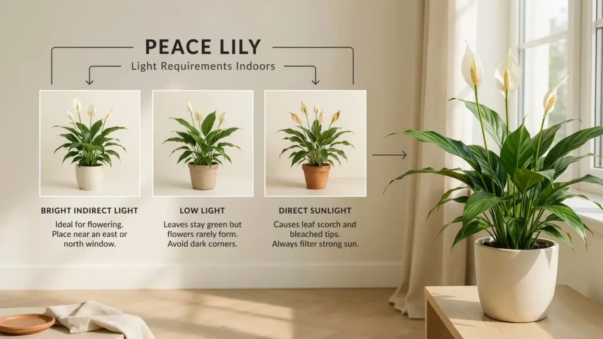 Peace lily light requirements infographic showing plant responses to bright indirect light, low light, and direct sunlight conditions.